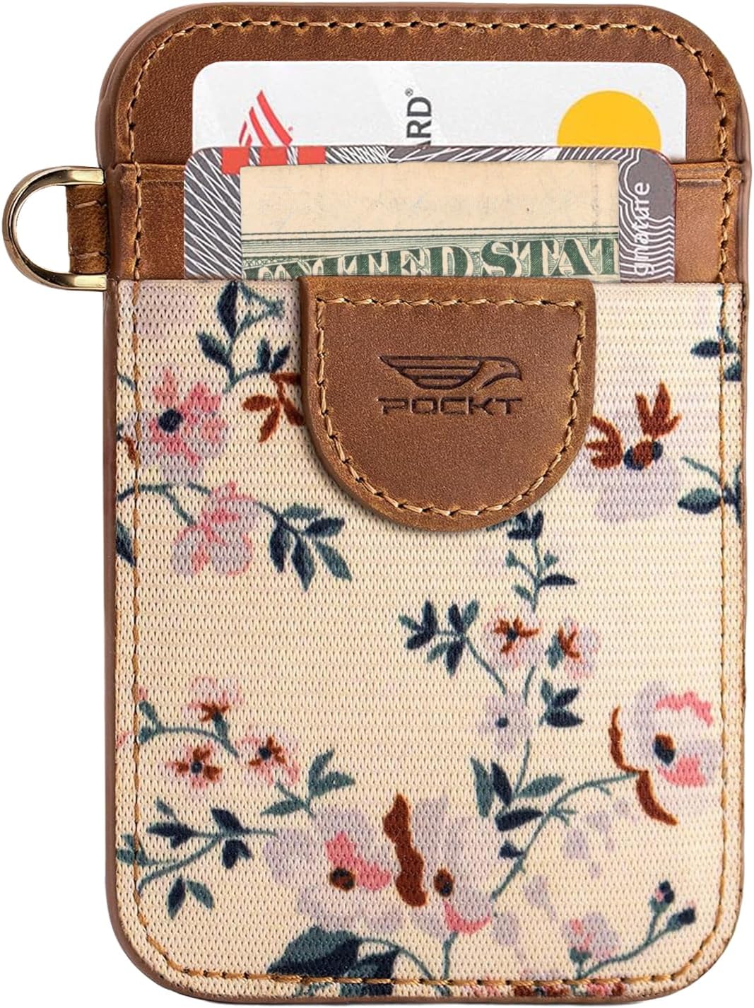 Elastic Card Holder Wallet for Women and Men, Genuine Leather Slim RFID Blocking Front Pocket Credit Card Holder, Cute Small Minimalist Wallet | Bloom