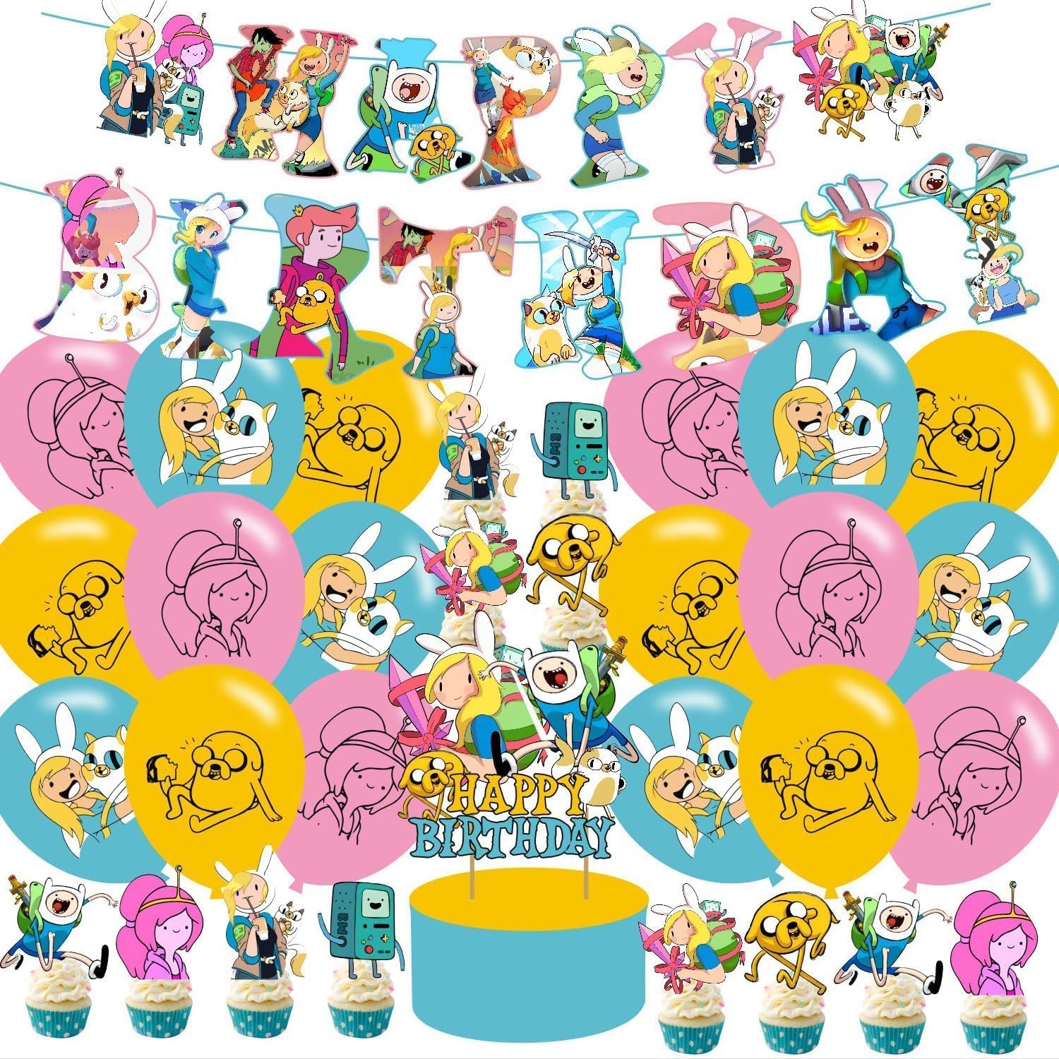 karg Time of Adventure Themed Birthday Party Supplies Set Happy Birthday Banner, Cake Topper, Cupcake Toppers, Balloons for Cartoon Adventure Kids Party Decorations