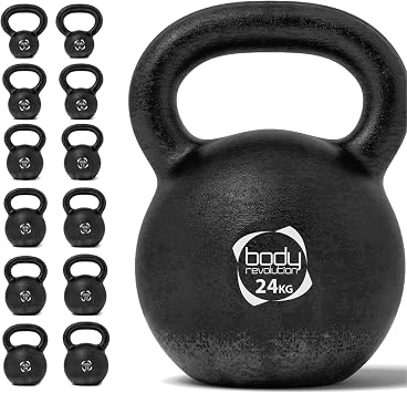 Body Revolution 24kg Cast Iron Kettlebell   Strength Training Weight for Home Gym & Fitness   Durable Solid Iron with Easy-Grip Handle, Anti-Roll Flat Base & Black Painted Finish