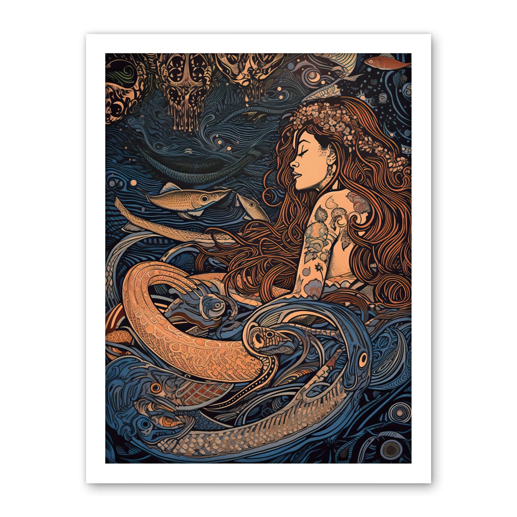Artery8 Little Mermaid and Aquatic Animals Illustration Artwork Framed Wall Art Print 18X24 Inch