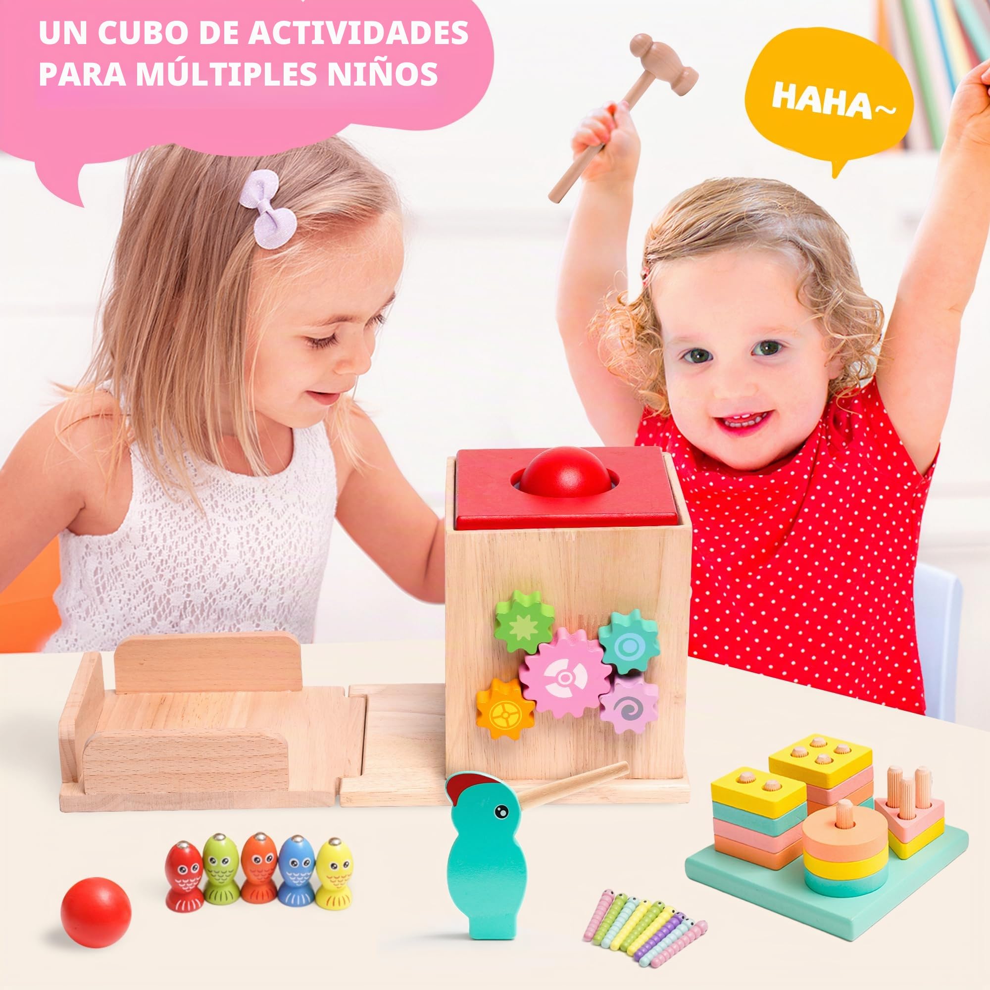 Cubo de Habilidades Motoras de Madera,9 en 1 Cubo de Actividades ,Juguetes Madera Bebe Con Recoger Zanahorias, Juego de Pelota,Pescar,Clasificar y Apilar Juguetes,Juguete Montessori 2 3 4 5 años