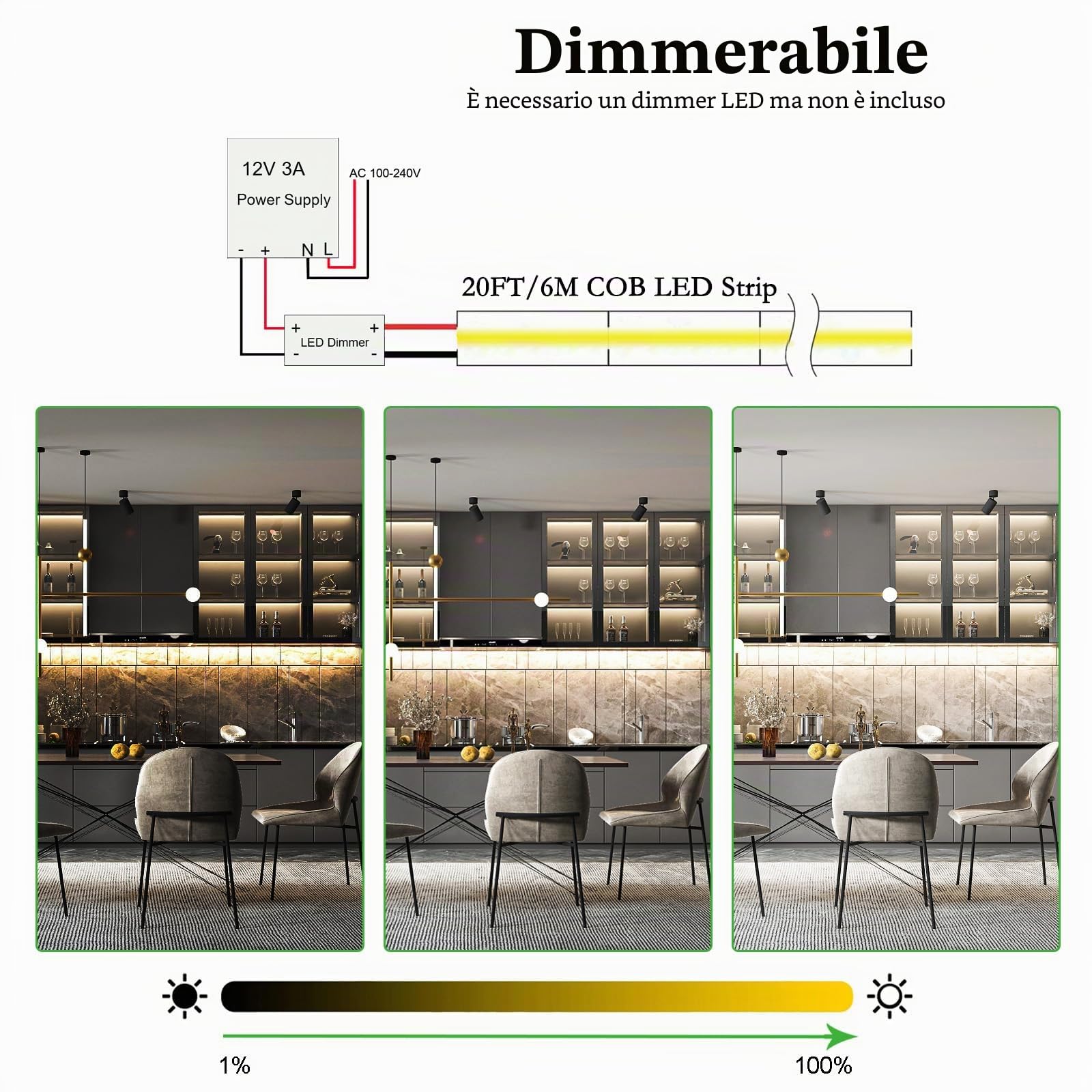 JOYLIT Striscia LED COB 12V Impermeabile IP65 6 Metri 4000K Bianca Naturale 320LEDs/M 4500LM CRI 90 Dimmerabile Adesiva Strip LED per RV, Cucina, Bagno (Senza Alimentazione)