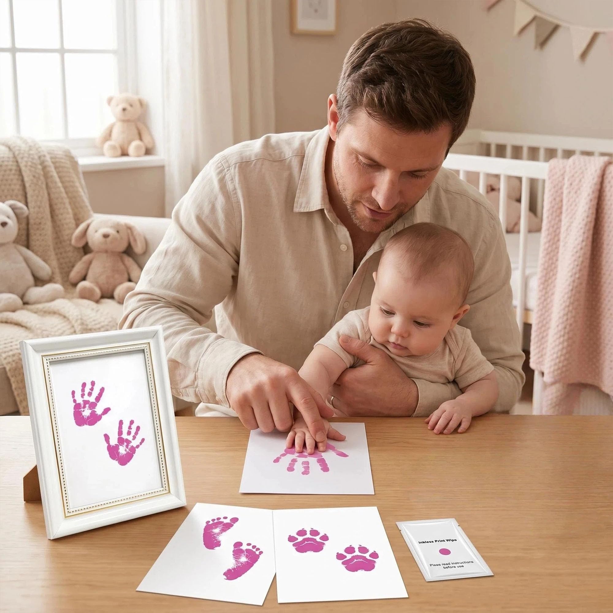 Kit Empreinte Bébé Pieds et Mains Clean Touch Encreur Sans Kits Nouveau-Nés avec 1 Cadre Photo Rose