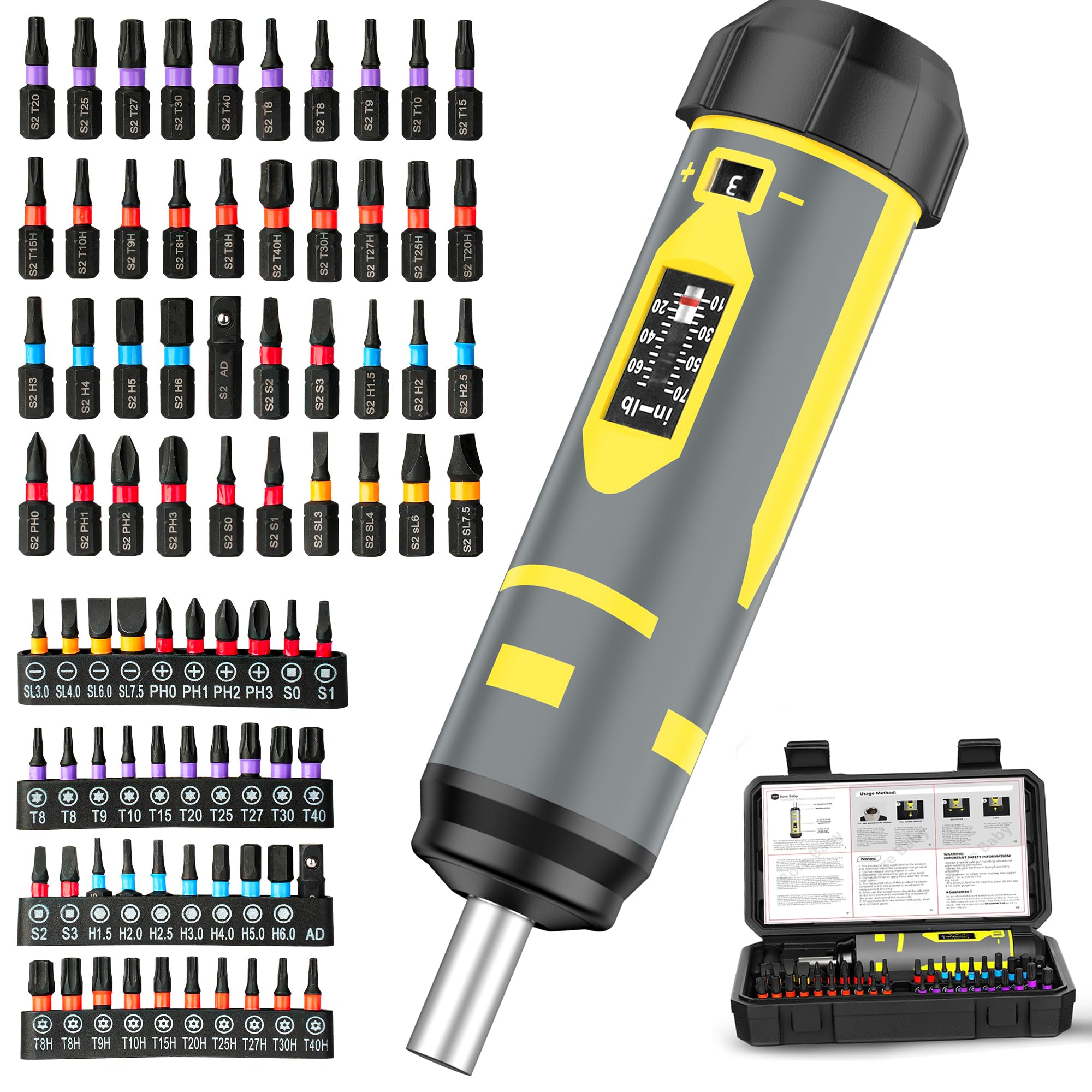 Torque Screwdriver Set 10-70 in-lb,1/4'' Drive with 40 S2 Bits