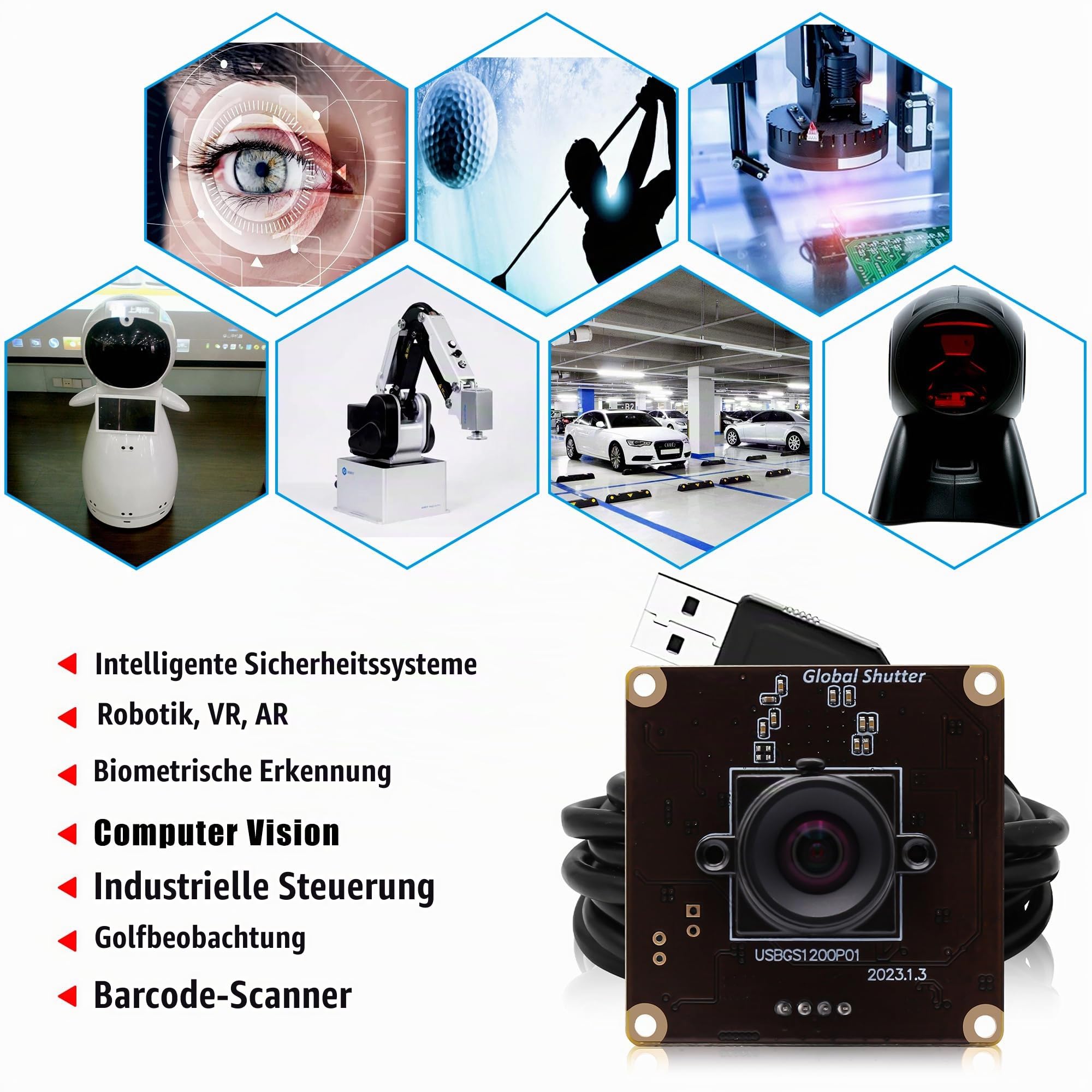 Svpro Global Shutter USB Kamera Board 90fps High Speed Webcam Modul mit verzerrungsfreiem M12 Objektiv,Zeitlupen Kamera 1920x1200 2MP AR0234 UVC Kameramodule für Computer,Laptop,Android Gerät