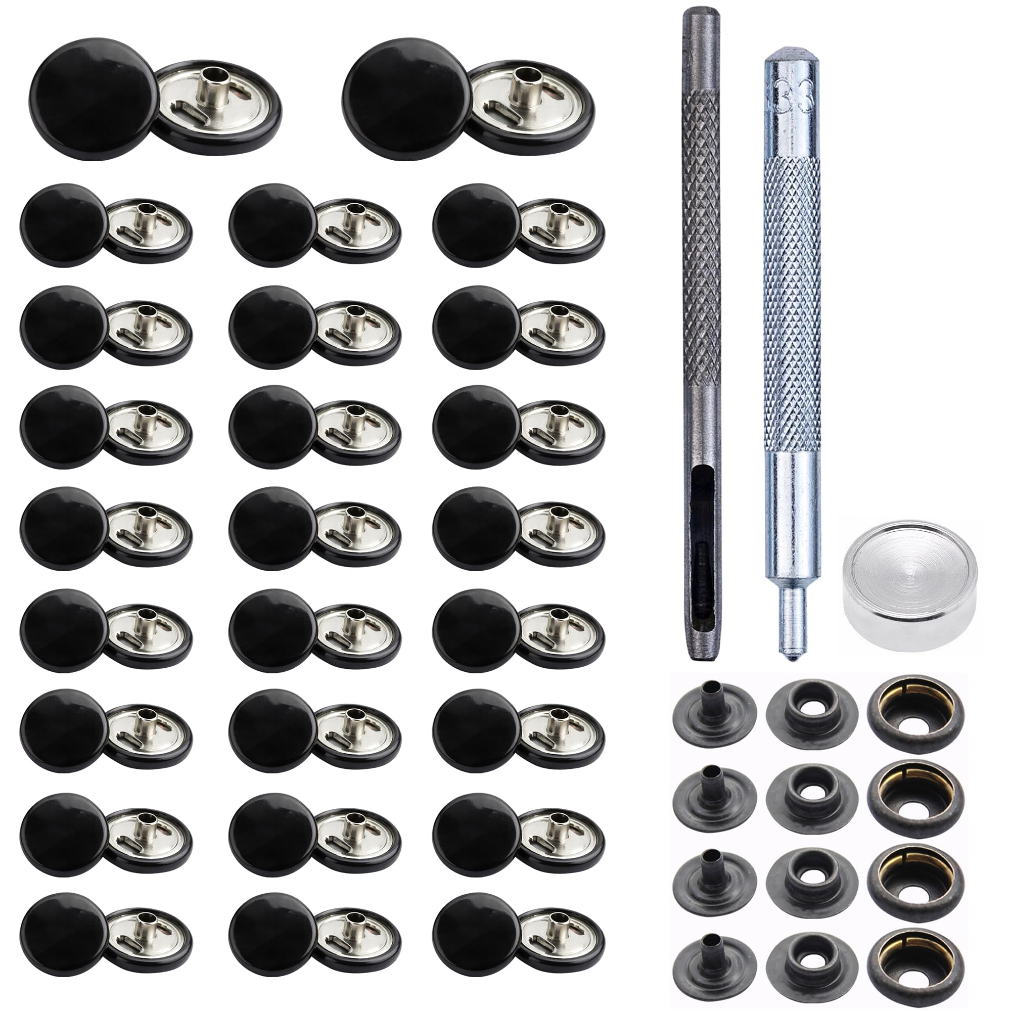 Botones de presión negros brillantes de 15 mm, 4 partes, duraderos y ligeros, cierres de metal con herramienta de fijación a mano para jeans, cuero, proyectos de costura de correas, , 500 piezas
