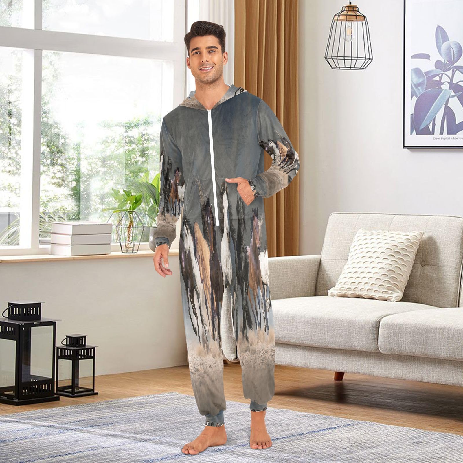 Pyjama pour adulte - Motif cheval - Pour homme et femme - Costume une pièce - Vêtement de nuit assorti pour femme