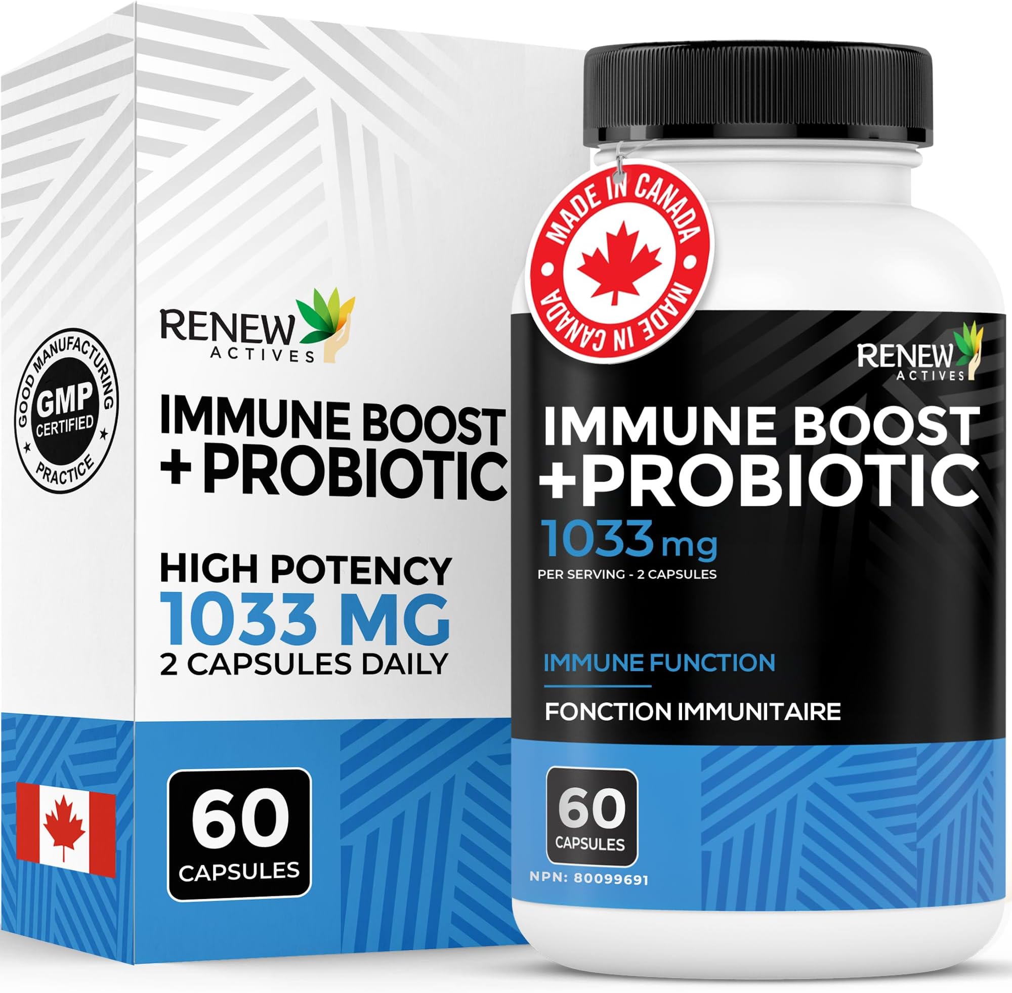 RENEW ACTIVES Antioxidant – Elderberry, Probiotics, Zinc, Vitamin C & Organic Turmeric 700MG per 2 Capsules – For Immune Function, Collagen Formation, & Overall Wellness – Made in Canada - 60 Capsules
