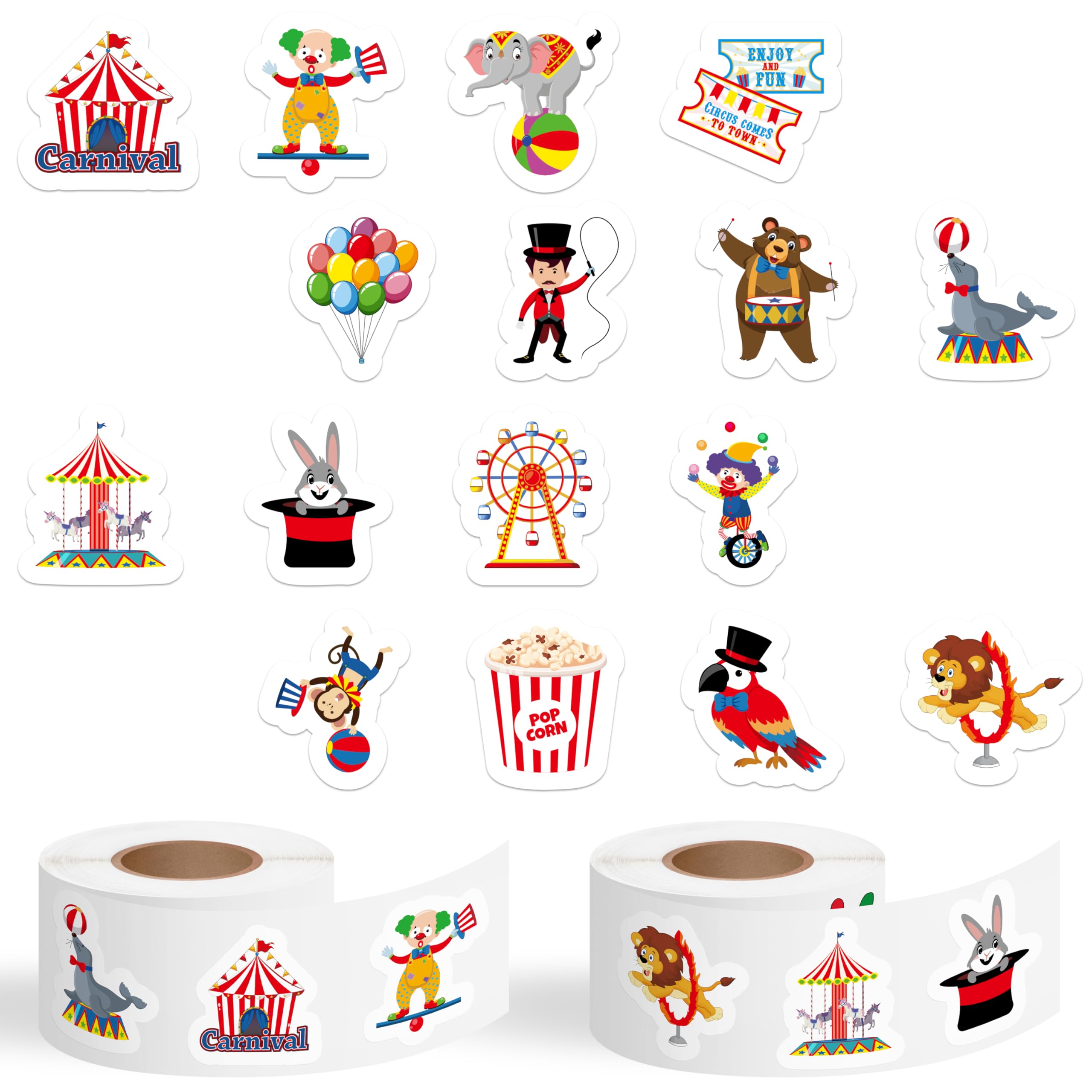 BkeeCten Carnival Circus Stickers Rolls - 1000pcs Cute Carnival Circus Party Favor Kids Teens Self-Adhesive Waterproof Vinyl Sticker Book Water Bottle Scrapbook School Prizes Rewards Page Activity Pad