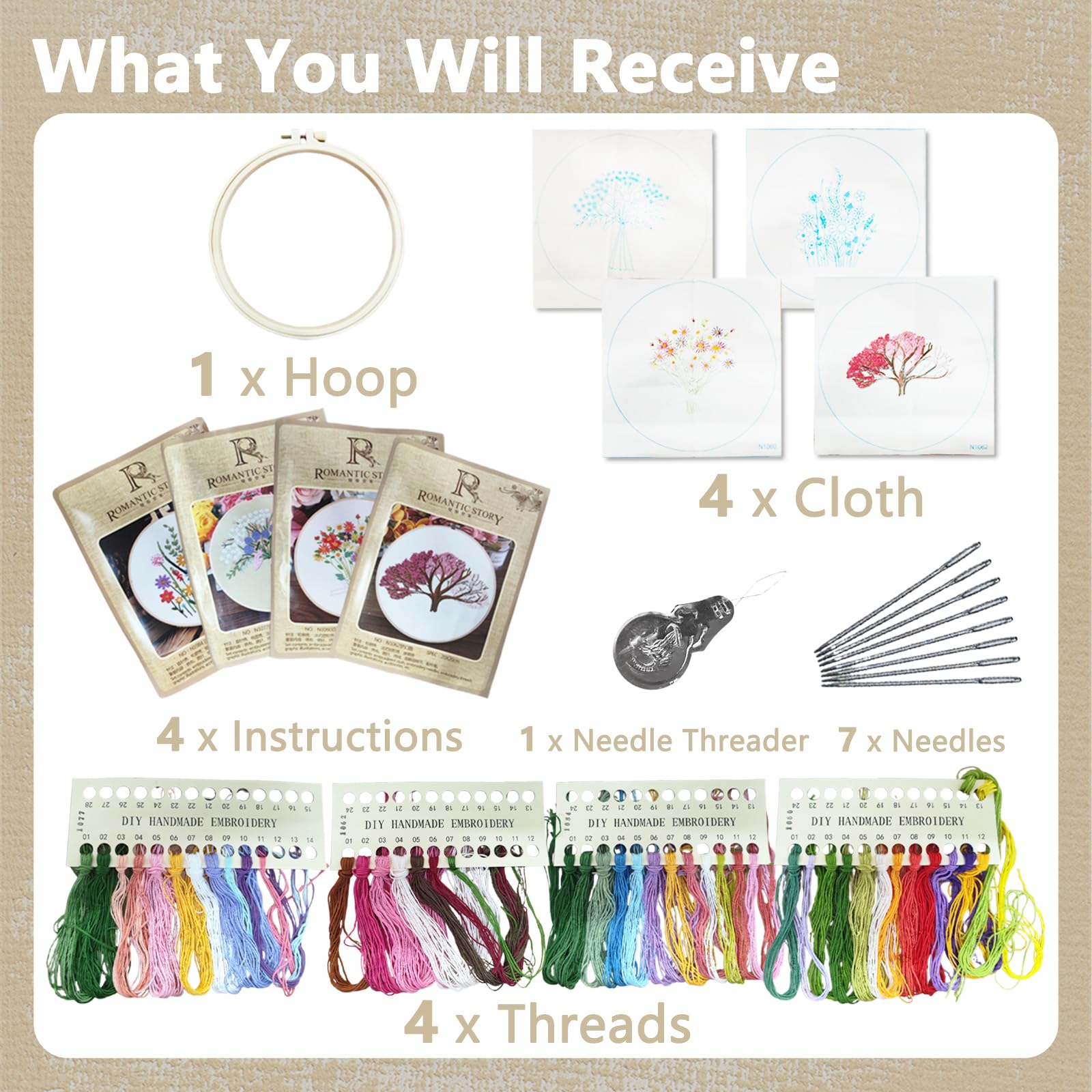 Fofvccv 4 Sets Embroidery Kit for Beginners,Cross Stitching Kits for Adults Kids, DIY Craft Lover Kit with Flower Stamped Patterns,Hoop,Needles,Colorful Threads & Step by Step Instructions