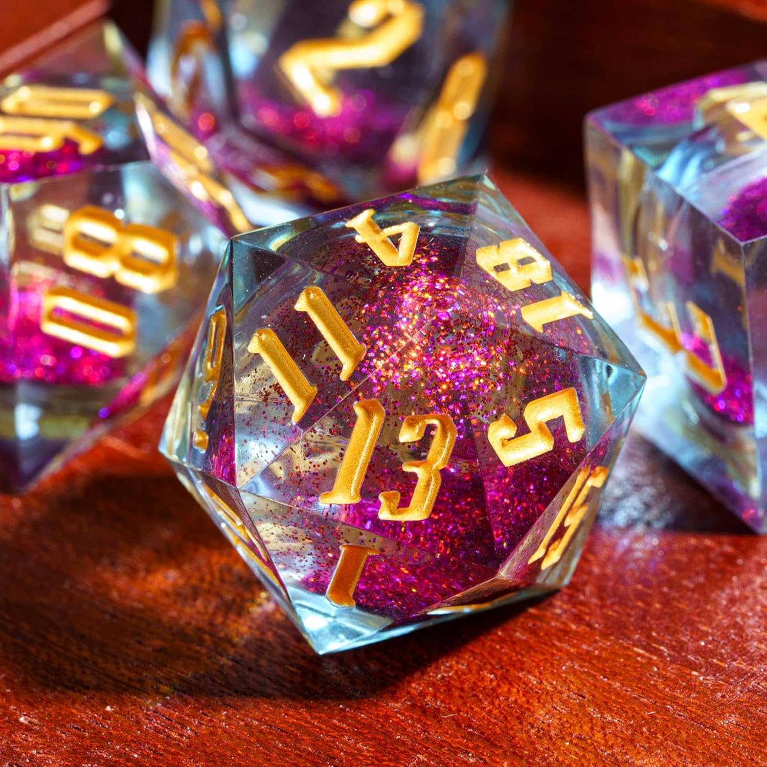 Cusdie Handmade DND Dice, Liquid Core Dice Set D&D Quicksand Sharp Dice, 7 PCs Transparent Polyhedral Dice Set for RPG Other Table Games(Purple and Orange)