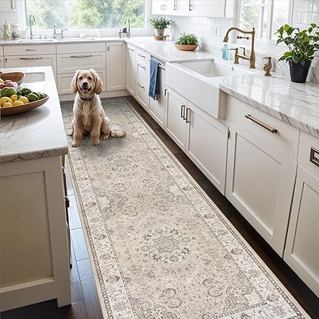 Hallway Washable Runner Rug - 2x10 Kitchen Rugs Entryway Rug Runner Vintage Soft Floor Mat Non Slip Indoor Farmhouse Carpet for Bathroom Living Room Bedroom (2 X 10, Beige)