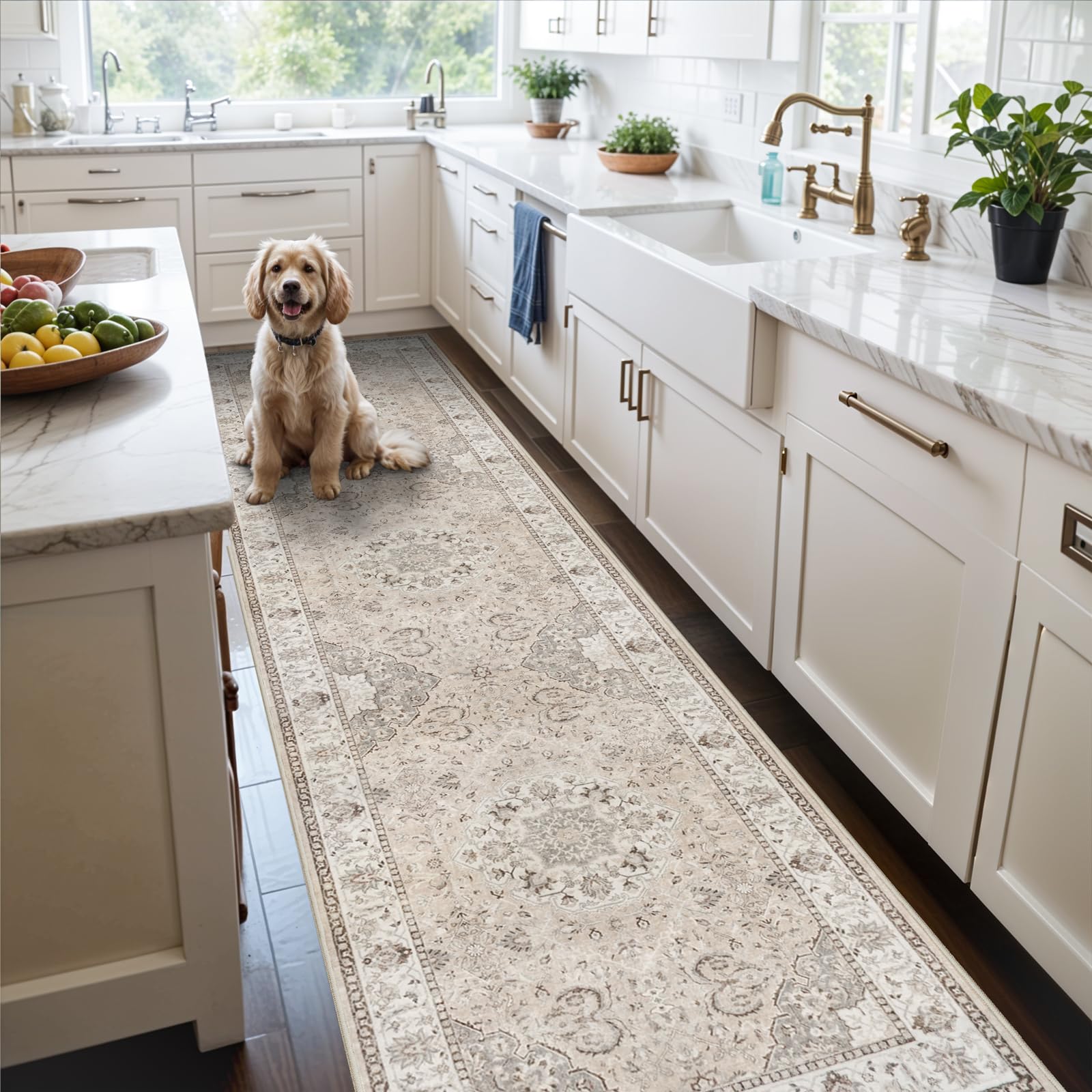 Hallway Washable Runner Rug - 3x10 Kitchen Rugs Entryway Rug Runner Vintage Soft Floor Mat Non Slip Indoor Farmhouse Carpet for Bathroom Living Room Bedroom (3 X 10, Beige)OEKO-TEX STANDARD 100