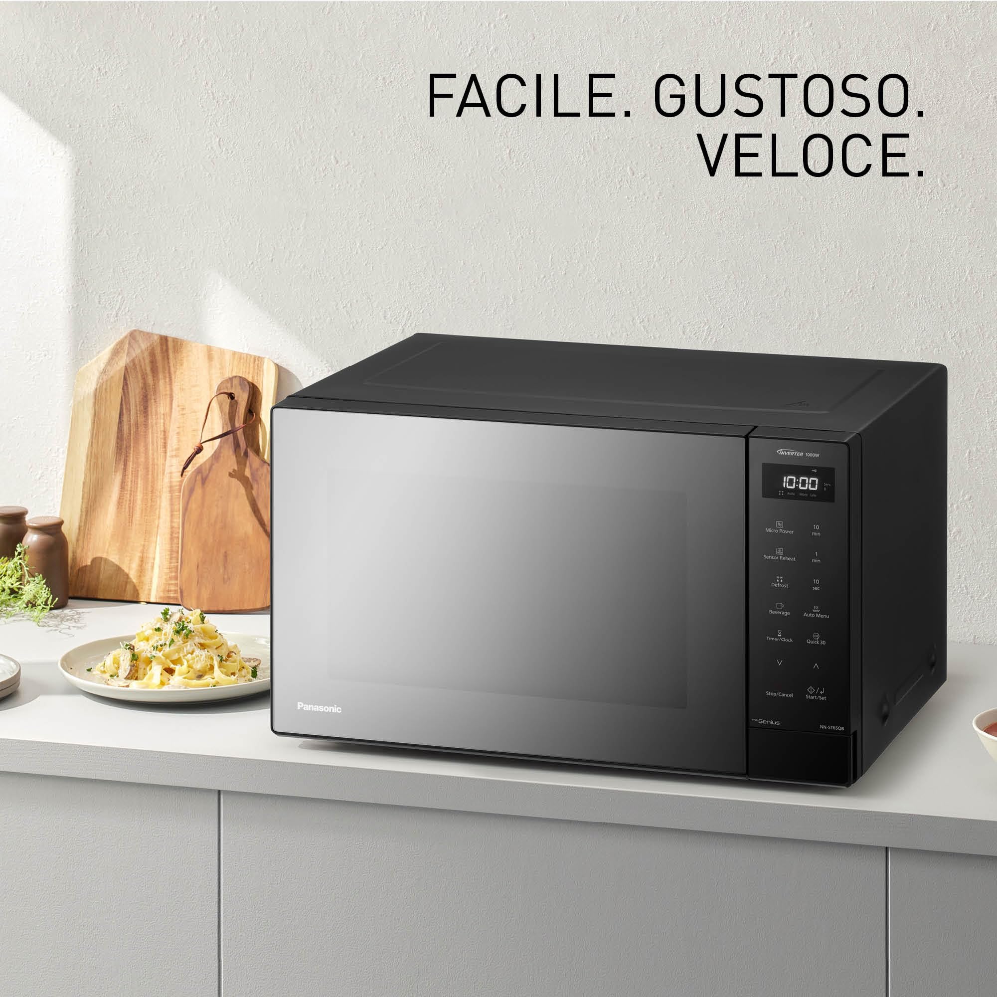 Panasonic NN-ST65QBEPG Microonde Solo Inverter 32L, 1000 Watt Potenza, Tecnologia Genius Sensor, 20 Programmi Auto, Funzione Quick 30, Controllo Touch, Grande Piatto Girevole, Nero