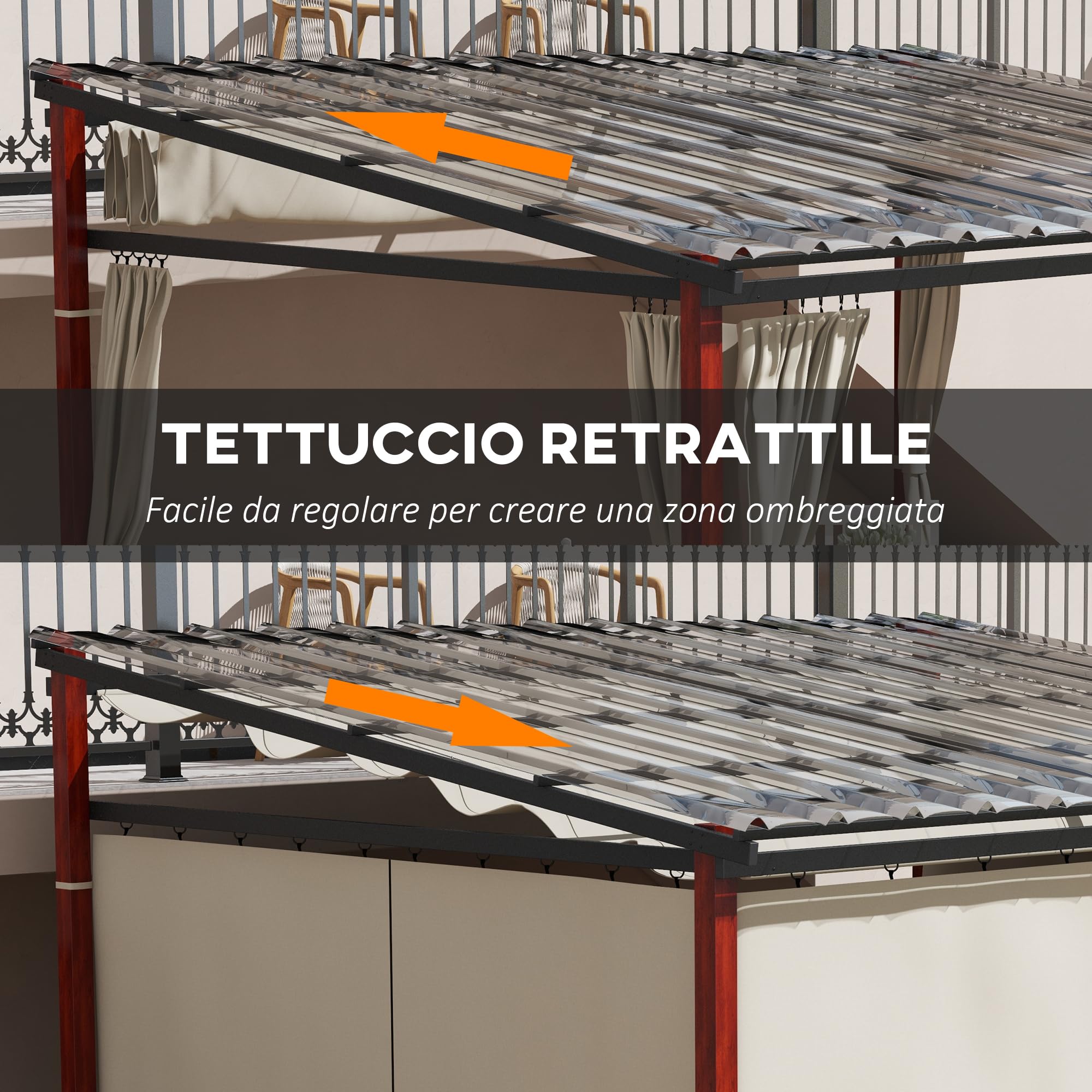 Pergola con Tende Laterali e Tetto Retrattile in PC in Alluminio e Metallo 345x300x215-255 cm Colore Crema