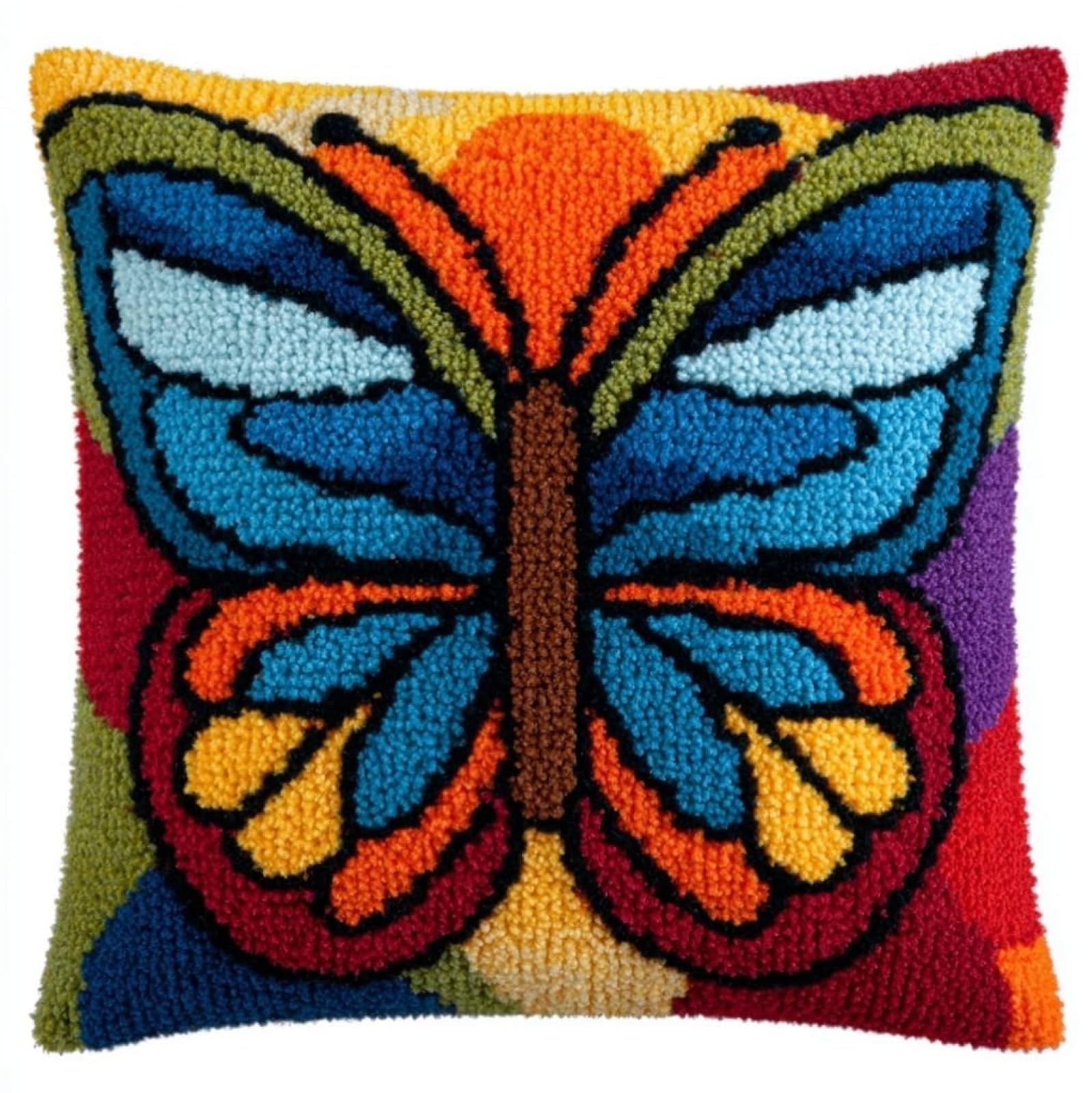 AxiangziK Pre-Printed Latch Hook Pillow Kit for Adults,Colorful Butterflies Beginners DIY Crochet Pillow Kit 17X17Inch Needlework Cushion Cover for Home Sofa Decoration