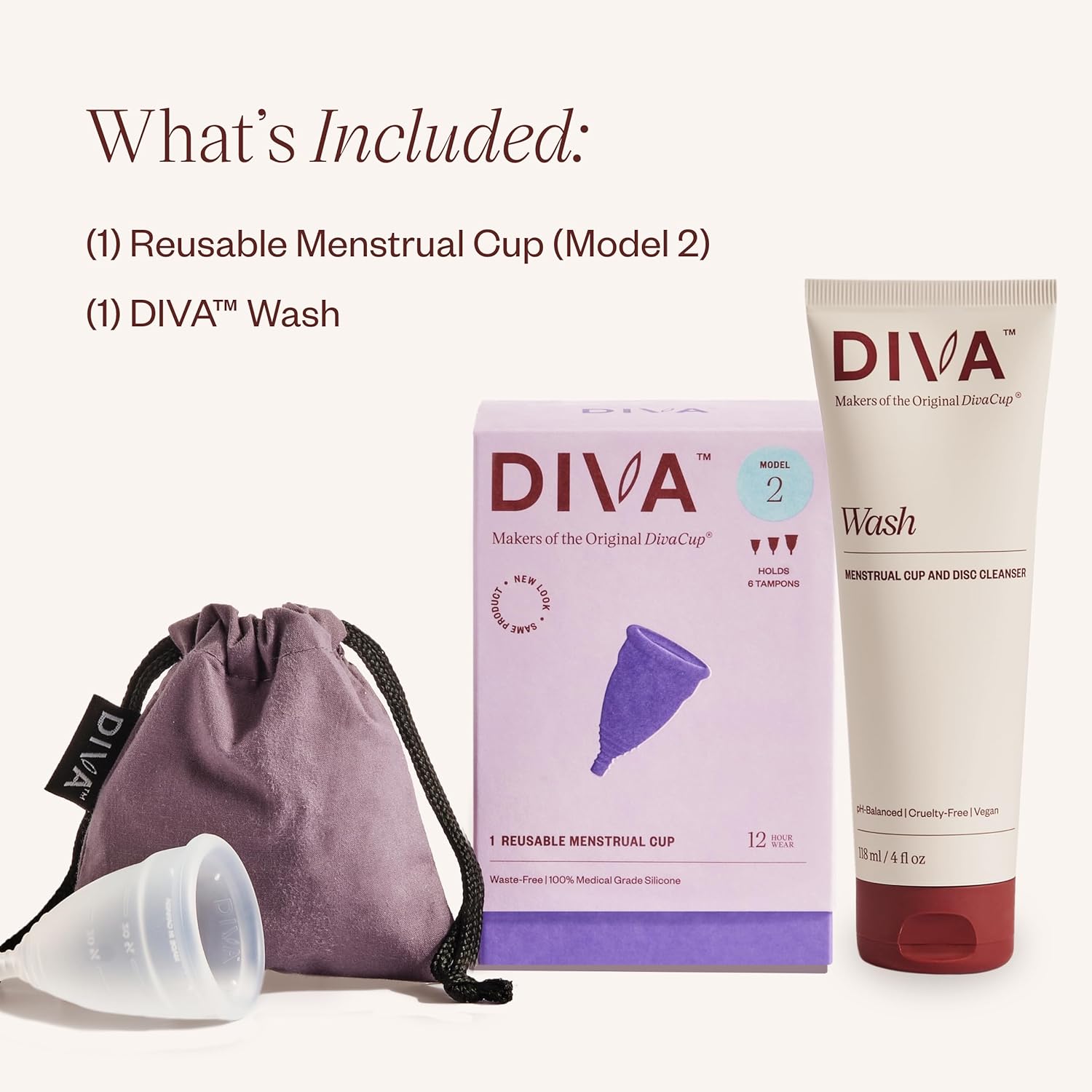 Diva Cup & Diva Wash Combo Pack - Medical Grade Silicone Cup for Period Care - Reusable Menstrual Cup - Cleaner for Period Cup - Cup Model 2 (for Wide Vaginal Canals, Post-Partum & Ages 35+)