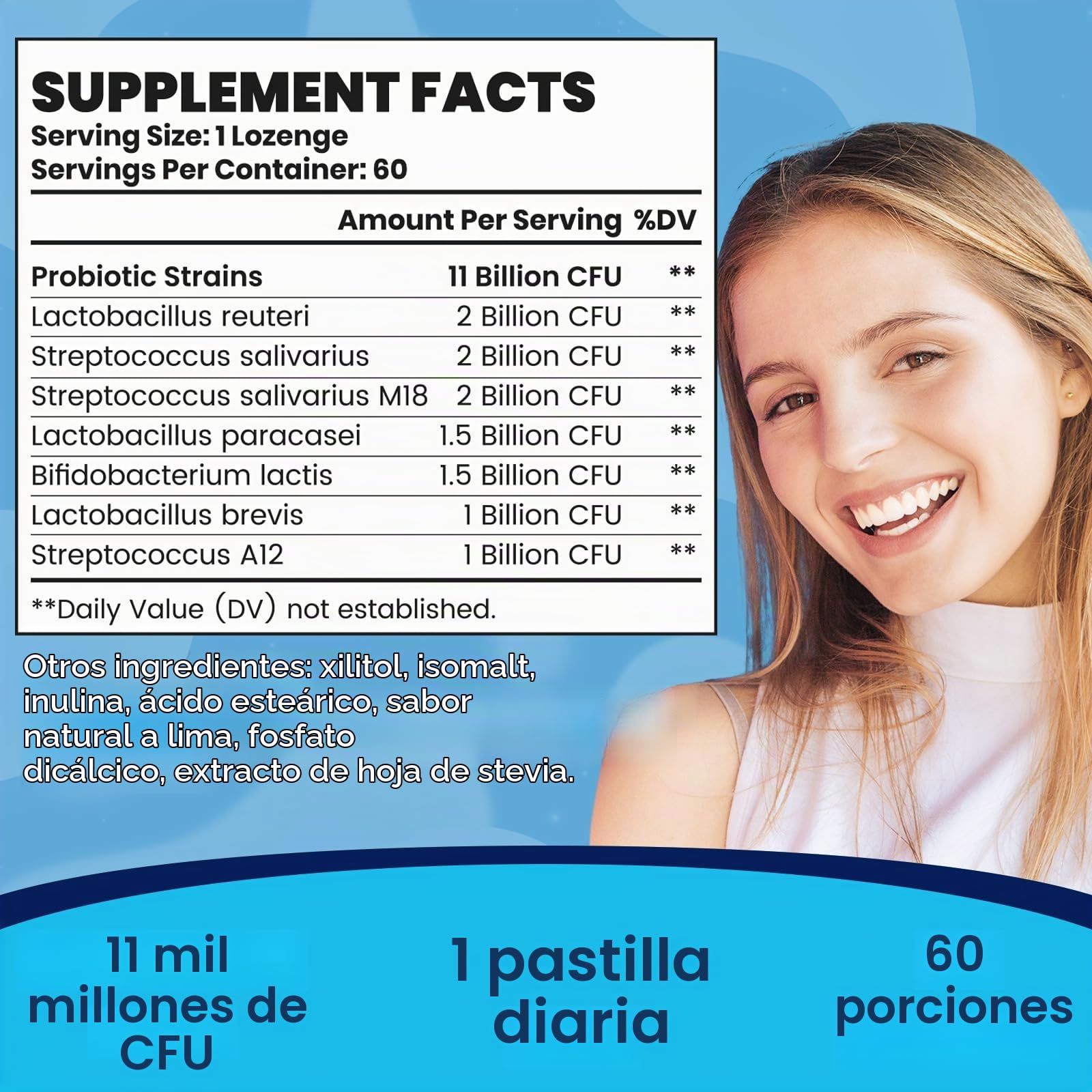 Probióticos orales para boca Mal aliento para adultos, 11 mil millones de CFU, los mejores probióticos dentales orales para dientes y encías, boca seca, restauración de encías, aliento fresco