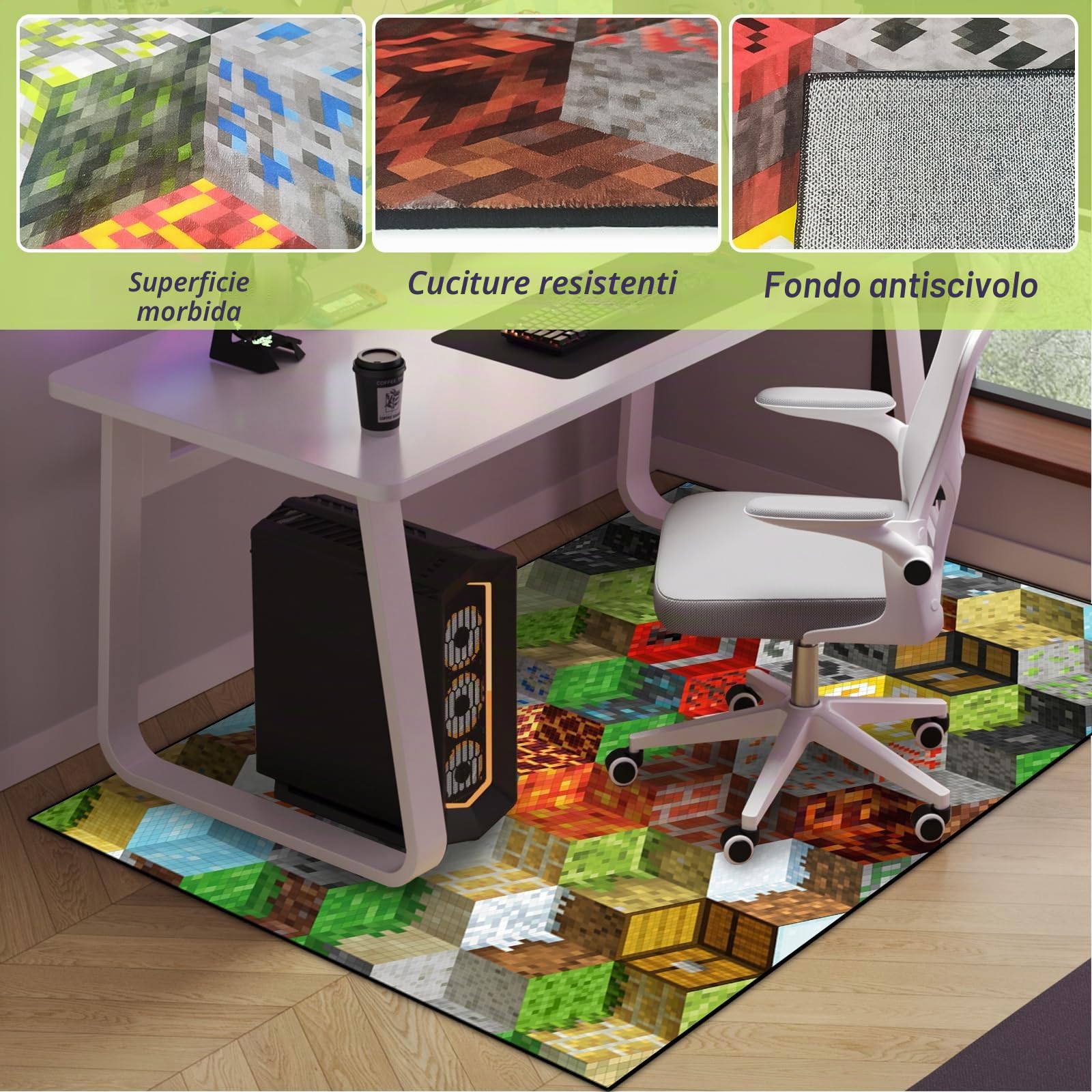 Tappeto da gioco a blocchi per adolescenti e ragazzi, con elemento di gioco pixel, tappeto decorativo, per camera da letto, soggiorno, sala giochi, antiscivolo, per area giochi per bambini (152 x