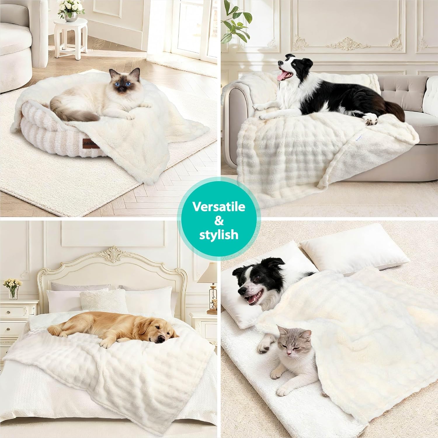 Dog Blankets Washable Pet Blanket - Fluffy Fuzzy Cat Puppy Blanket with Premium 300GSM 3D Fleece Bubble for Pet Kitten Doggy, Cream, 60x80IN