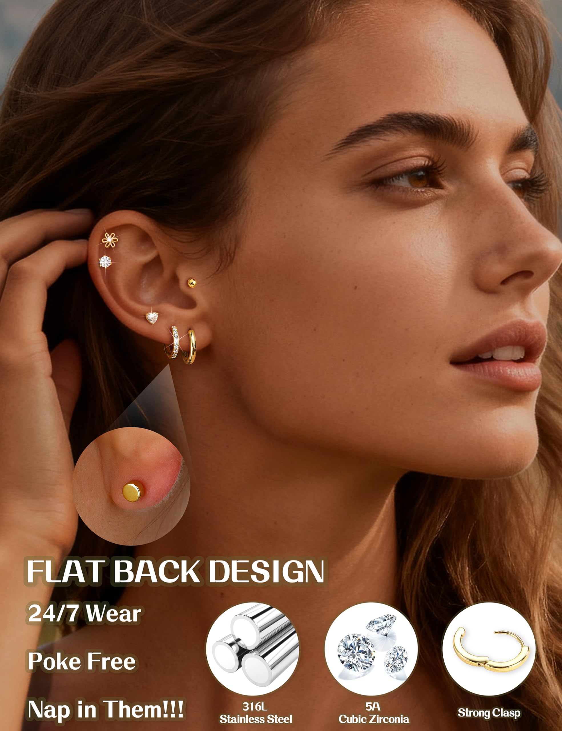 LOLIAS Kolczyki z płaskim tyłem, srebrne, pozłacane kolczyki dla kobiet, hipoalergiczne, ze stali chirurgicznej, kolczyki do chrząstki, muszli, tragus, helix, piercing biżuteria