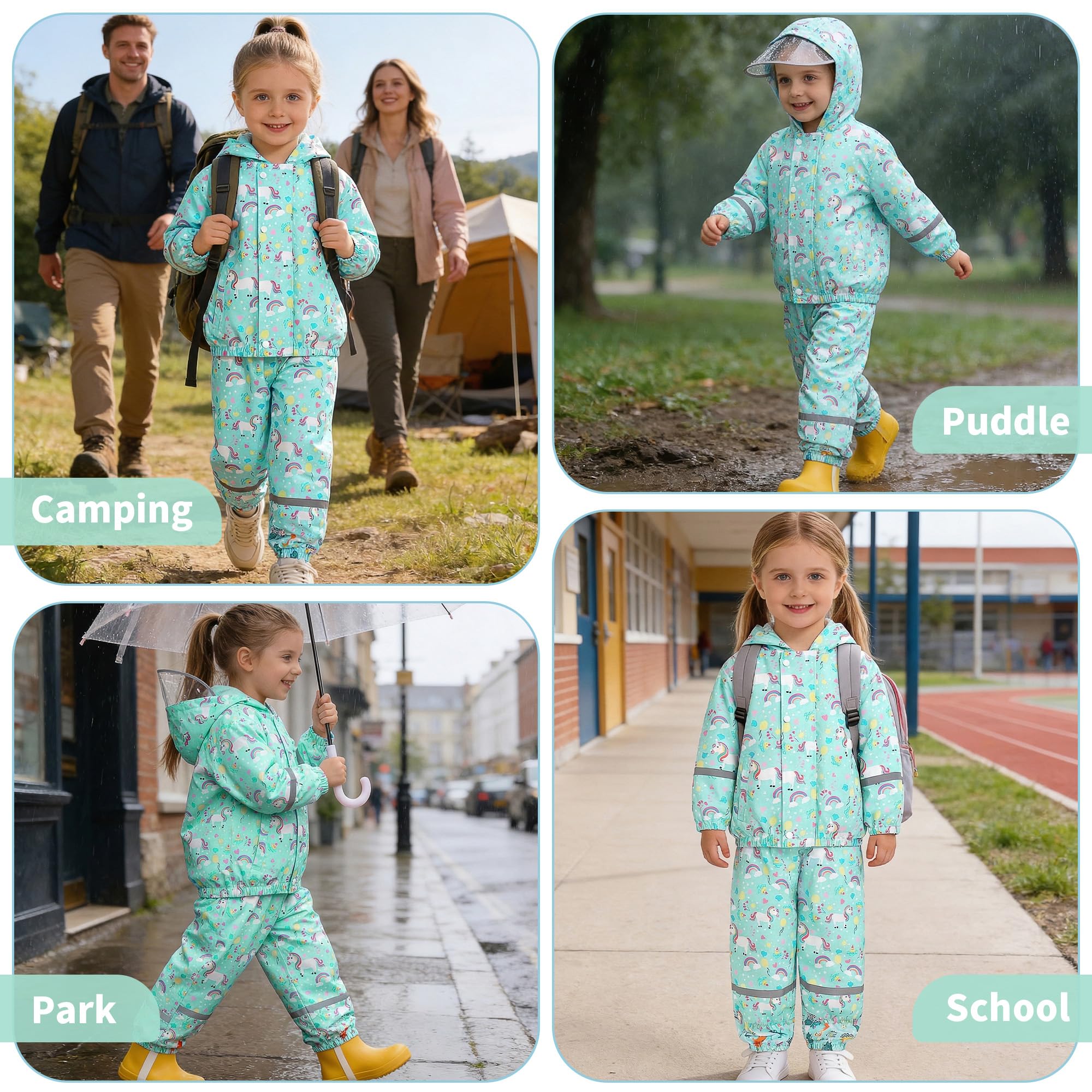 JinBei Imperméable Enfants Respirant Combinaison de Pluie Garçon Fille Léger Ensemble Pluie à Réfléchissant Pantalon et Veste à Capuche Pliante Costume Imperméables 2 Pièces 1-7 Ans