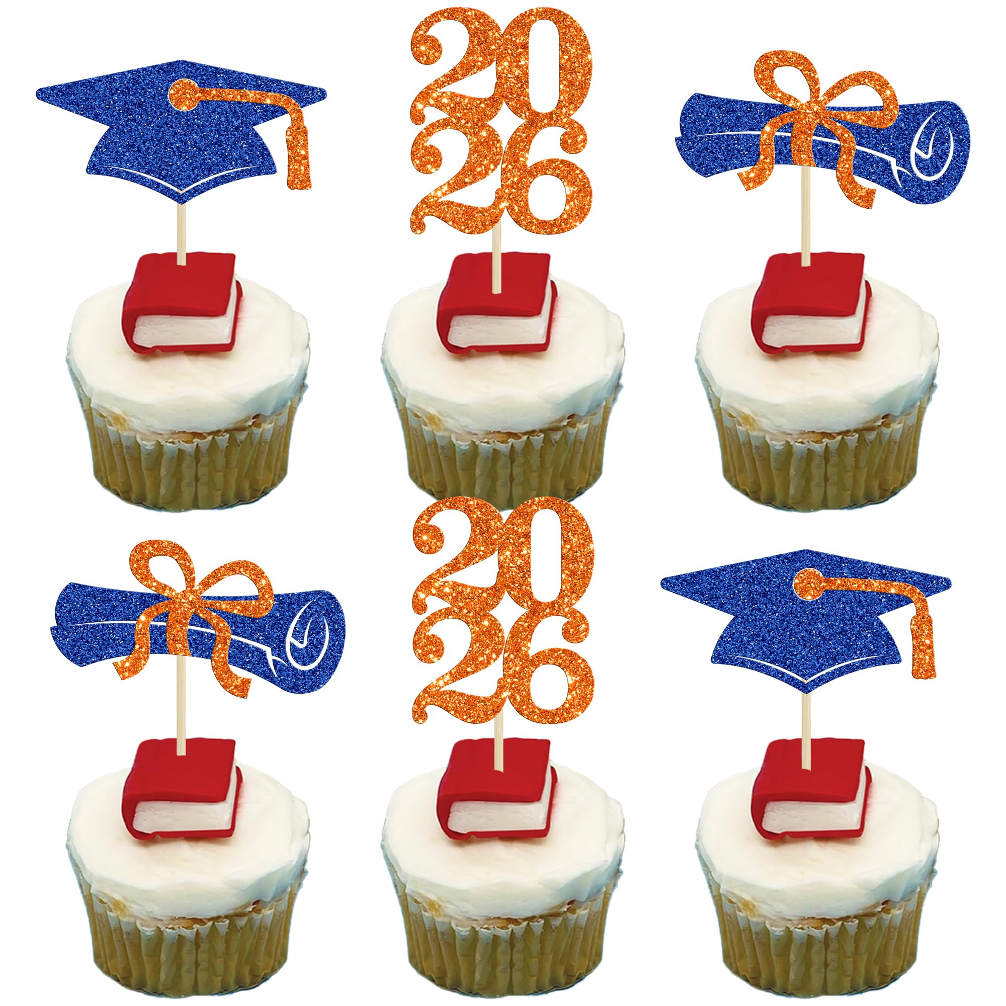 Ephlyn 24Pcs Graduation Cupcake Toppers Glitter Graduation 2026 Diploma Grad Cap Cake Topper Decorations for 2026 Graduation Theme Party Cake Decoration Supplies Blue Orange
