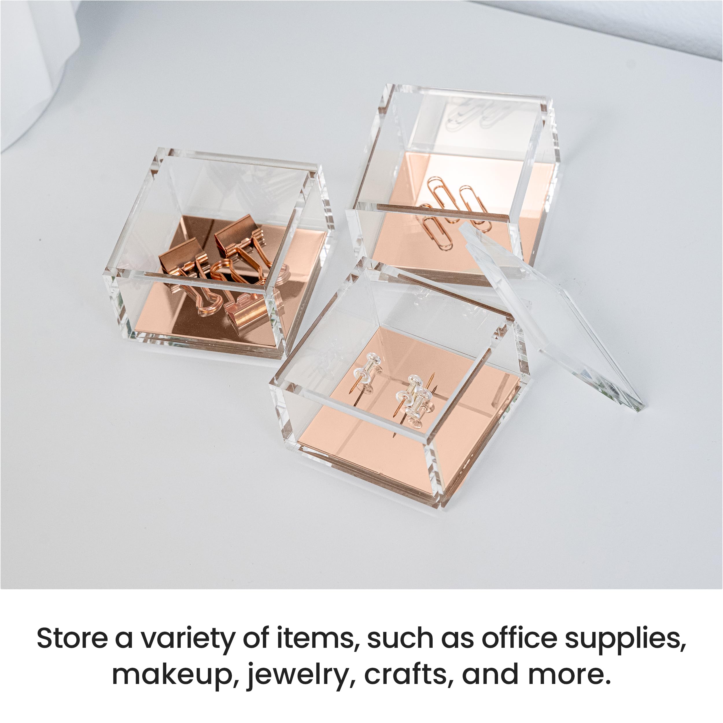 OfficeGoods Organizador acrílico apilable de 3 niveles con base de oro rosa, organizador de escritorio funcional y elegante para oficina o hogar, ayuda a mantener todos tus pequeños bits juntos, oro