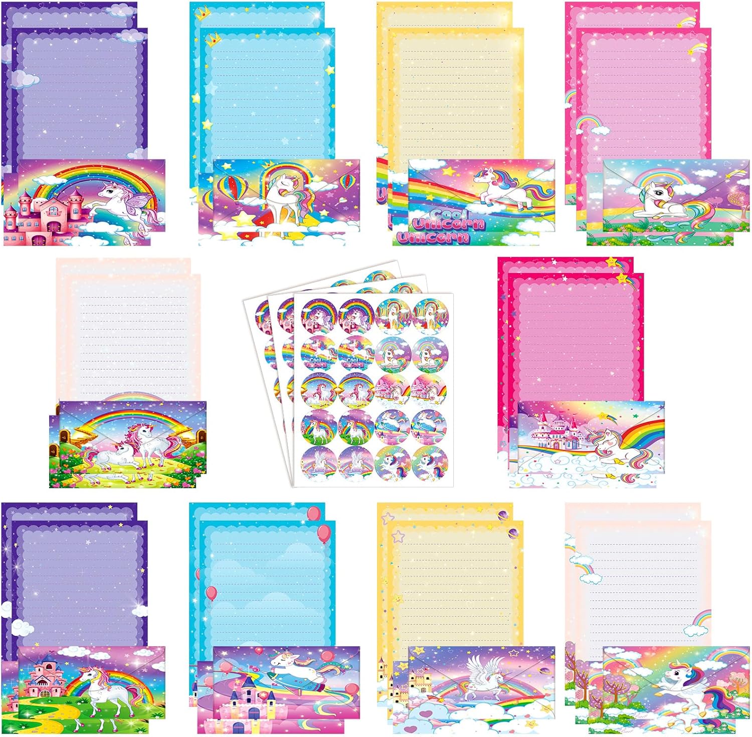 TaoBary 160 Pcs Stationery Paper Set 50 Double Sided Stationery Papers with 50 Matching Envelopes and 60 Round Dot Sticker, 10 Design(Unicorn,8.5 x 11 Inch) Unicorn 8.5 x 11 Inch (missing parts)