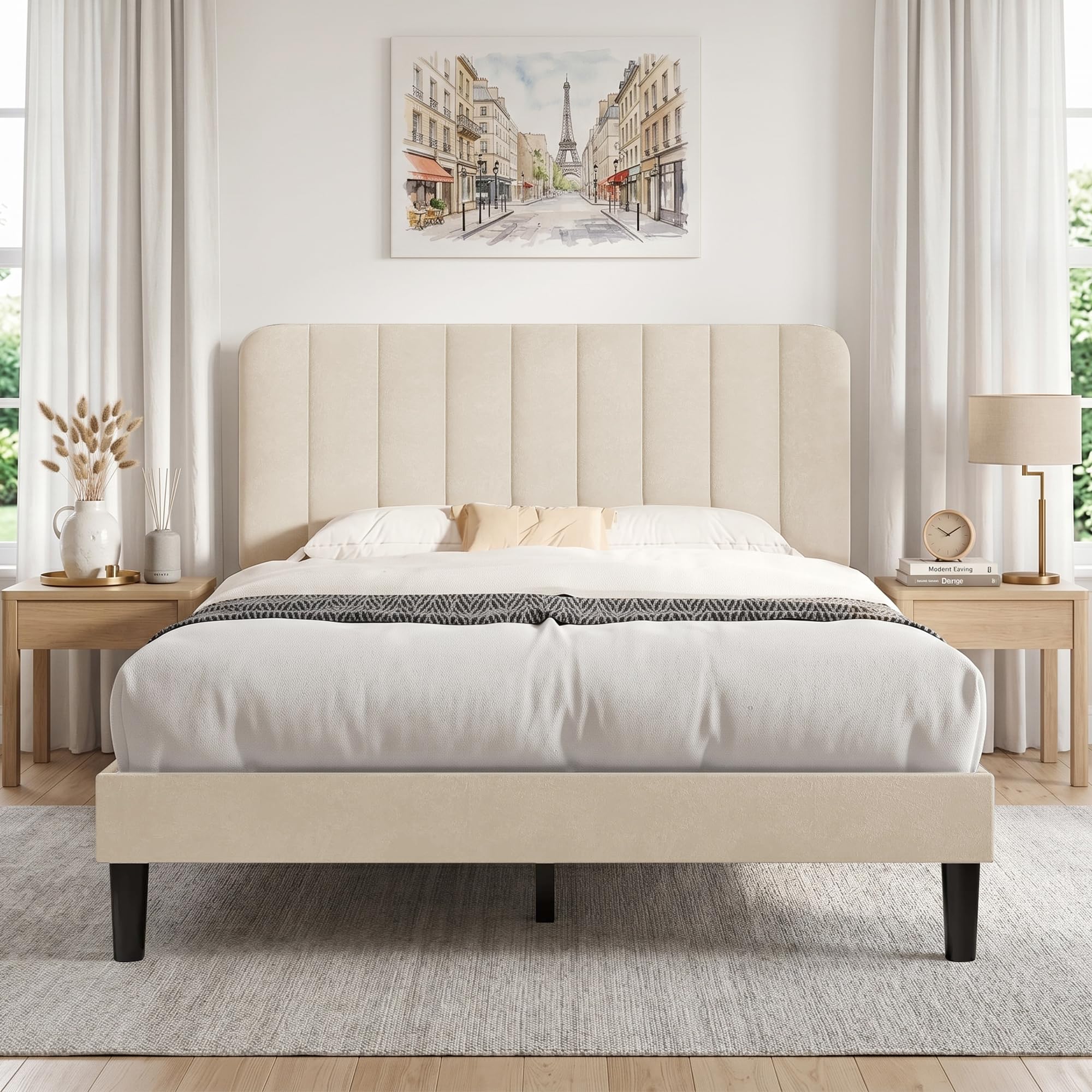 VECELO Queen Bed Frame with Velvet Headboard