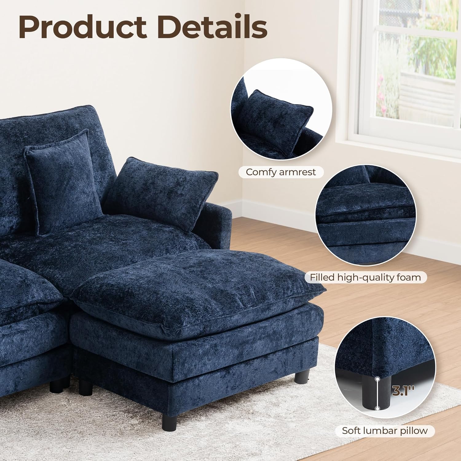 Modular Sectional Cloud Couch, 4 Seat Convertible Sectional Couches Sofa with Ottoman, Convertible L-Shape Cloud Sectionals Couches for Living Room, Apartment, Blue