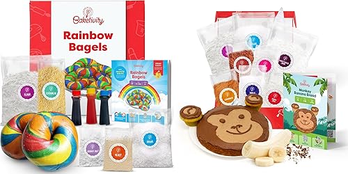 Baketivity Rainbow Bagel & Monkey Banana Bread Kit de hornear Juego de cocina para niños con ingredientes Kosher pre-medidos, recetas ilustradas,
