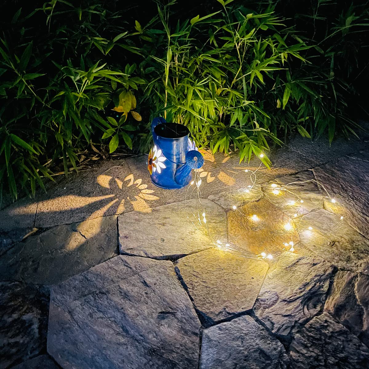 ZYLiWoo Blue Solar Watering Can with Light,Solar Powered Waterfall Lights 1 Pack 60 LED(Includes Shepherd Hook) for Garden,Yard, Path, Christmas Holiday Decoration