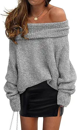 PRETTYGARDEN Women's Off The Shoulder Sweater Long Sleeve Tops 2025 Fall Loose Knit Pullover Sweaters Winter Clothes