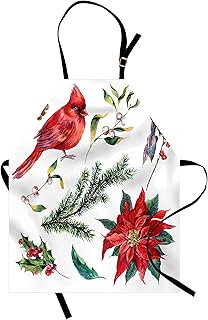 Lunarable Cardinal Apron Pack of 2, Watercolor Christmas Flora and Fauna Pinecone Spruce Branch and Red Cardinal Bird, Uni...