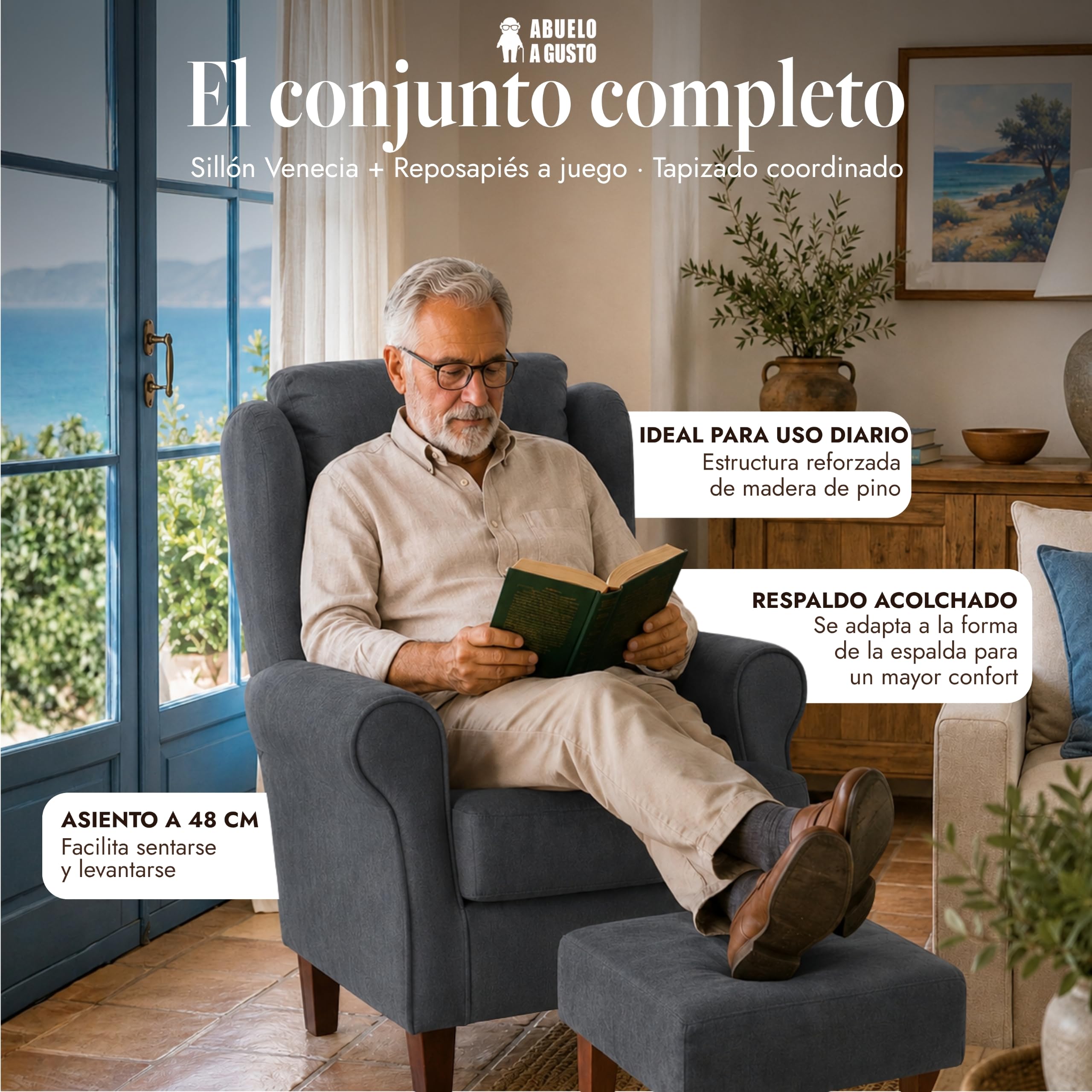 Sillón Orejero Venecia Acolchado para Personas Mayores - Marengo - Respaldo Ergonómico, Relleno Adaptable – Tela Antimanchas – Butaca Cómoda Salón, Dormitorio, Lectura