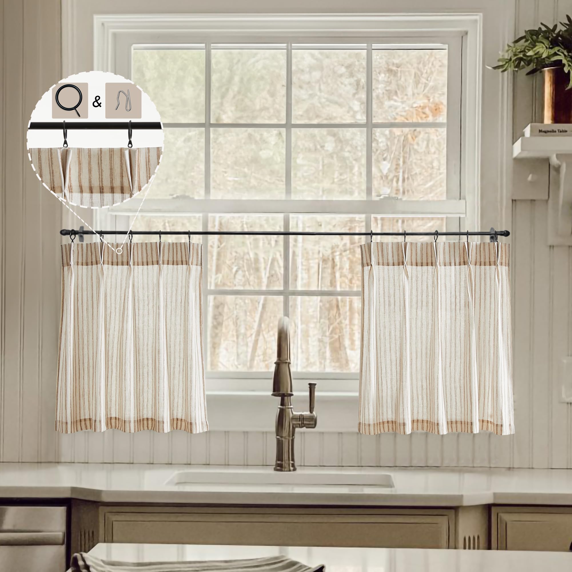 LIMON HOME Beige Linen Kitchen Curtains 20 inch Length Pinch Pleat Cafe Curtains