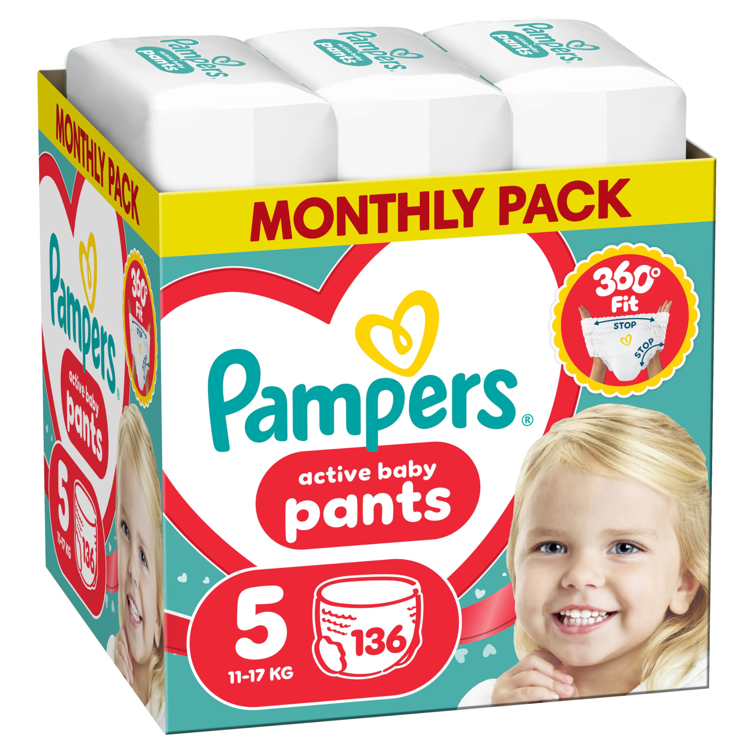 Pampers Active Baby pieluchomajtki rozmiar 5, 136 szt., 11-17 kgg, nawet 100% suchości w nocy i optymalny komfort skóry