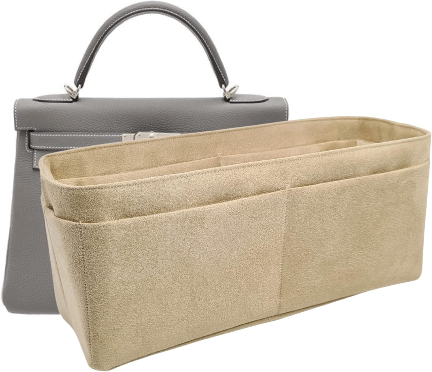 Purse Organizer Insert for Kelly 32 Retourne, Faux suede soft and smooth lightweight fits perfectly Well made, (Light Beige RSK32)