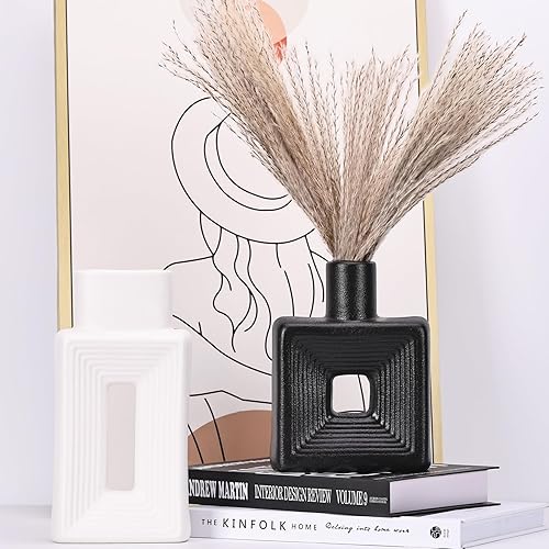 Juego de 2 jarrones de cerámica mate, cuadrados con agujeros acanalados para decoración rústica del hogar, jarrones decorativos cuadrados para