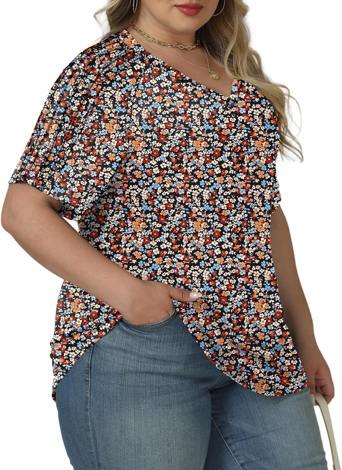 VISLILY Womens-Plus-Size-Summer-Tops Trendy V Neck T Shirts Casual Pleated Short Sleeve Dressy Blouses Tunics Cute Tee XL-5XL - Image 2