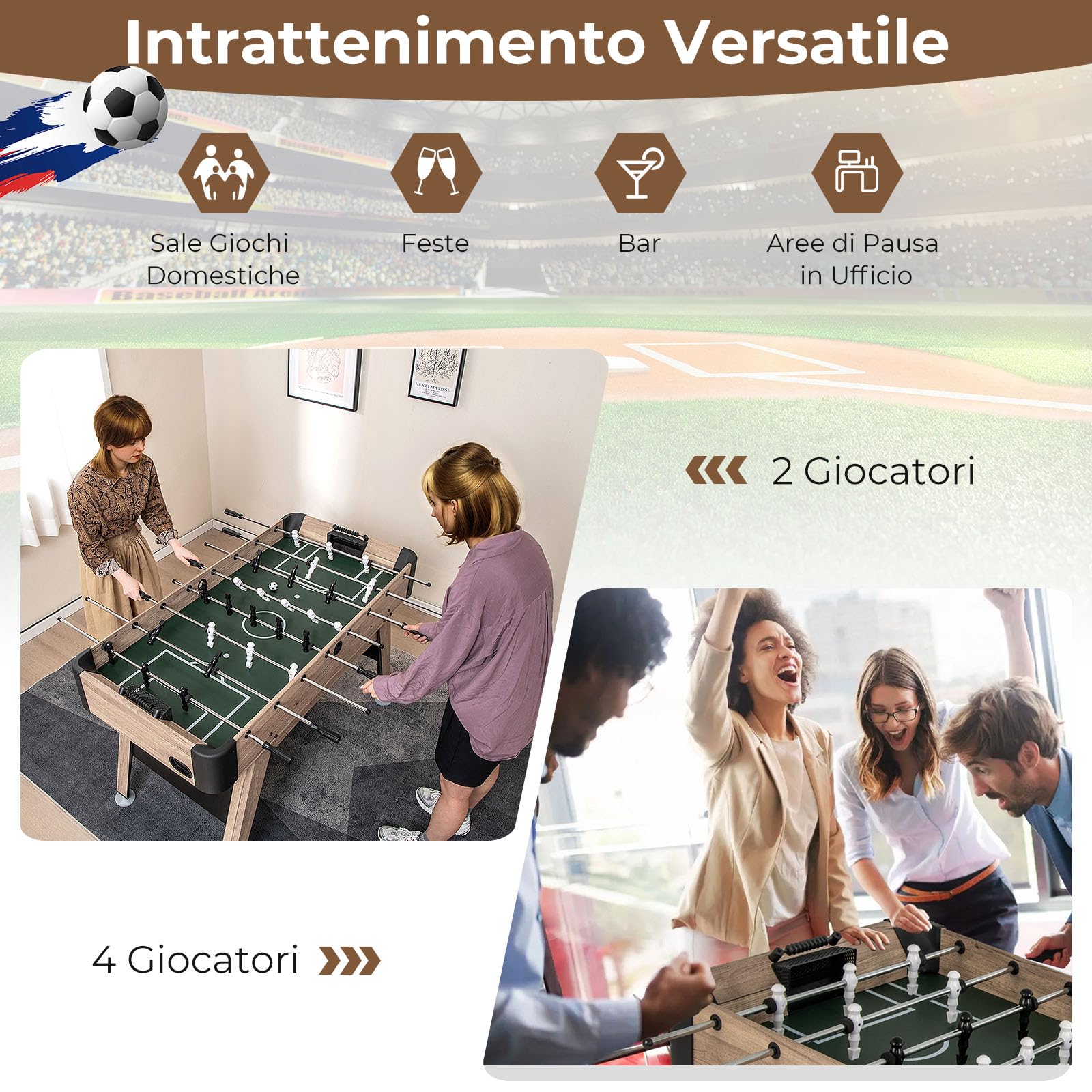 GYMAX Tavolo da Calciobalilla di 137 cm, Set da Gioco di Calcio con 2 Palloni per Bambini, Adolescenti e Adulti, Calcio Balilla in Legno per Casa, Sala Giochi, Ufficio