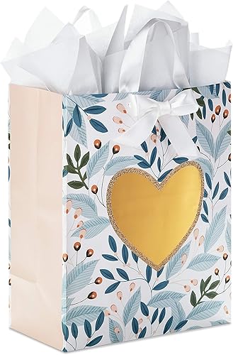 Hallmark Bolsa de regalo grande de 13 pulgadas con papel de seda (follaje verde, corazón dorado) para bodas, compromisos, aniversarios, despedidas