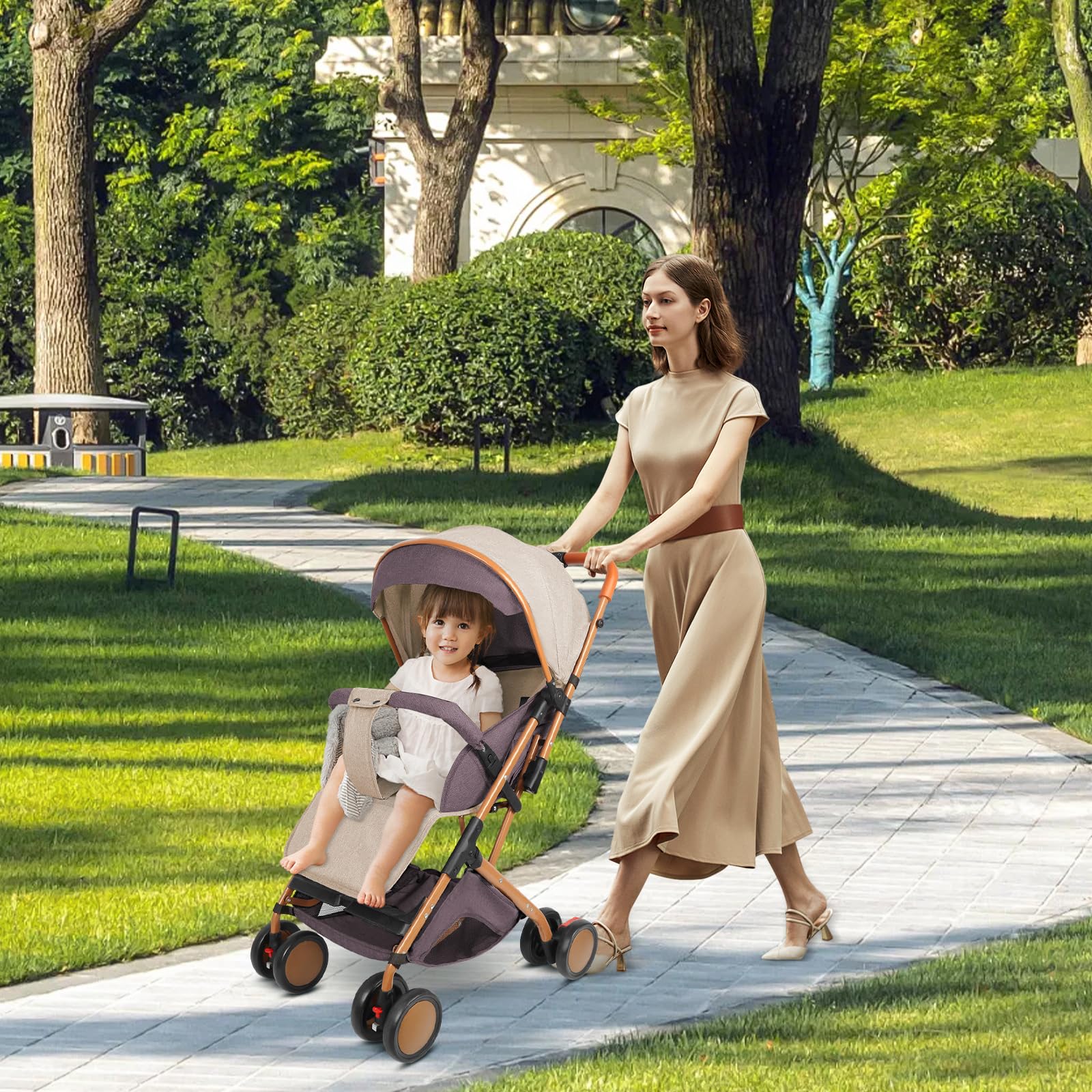 sillita de paseo bebe ultracompacto de 0 a 6 años, silla ligera paseo de viaje con arnés de seguridad de 5 puntos, Plegado compacto y reclinable, Con bolsillos y visera parasol (caqui)