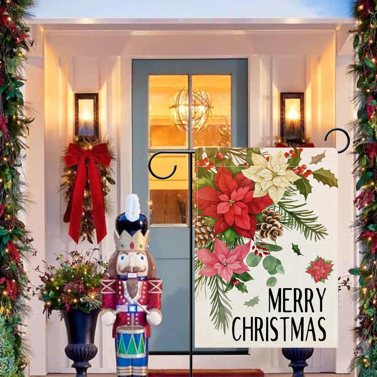 Dyrenson Merry Christmas Poinsettia Flower Decorative Garden Flag, Xmas Floral Pine Cone Holly Red Berries Yard Outside Home Decoration, Winter Holiday Burlap Outdoor Small Decor Double Sided 12 x 18 - Image 5