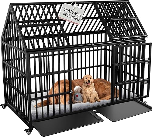 Jaula resistente para perros de 54 pulgadas, jaula para perros gigantes extra grandes con 2 puertas, ruedas con bloqueo, bandejas extraíbles, acceso