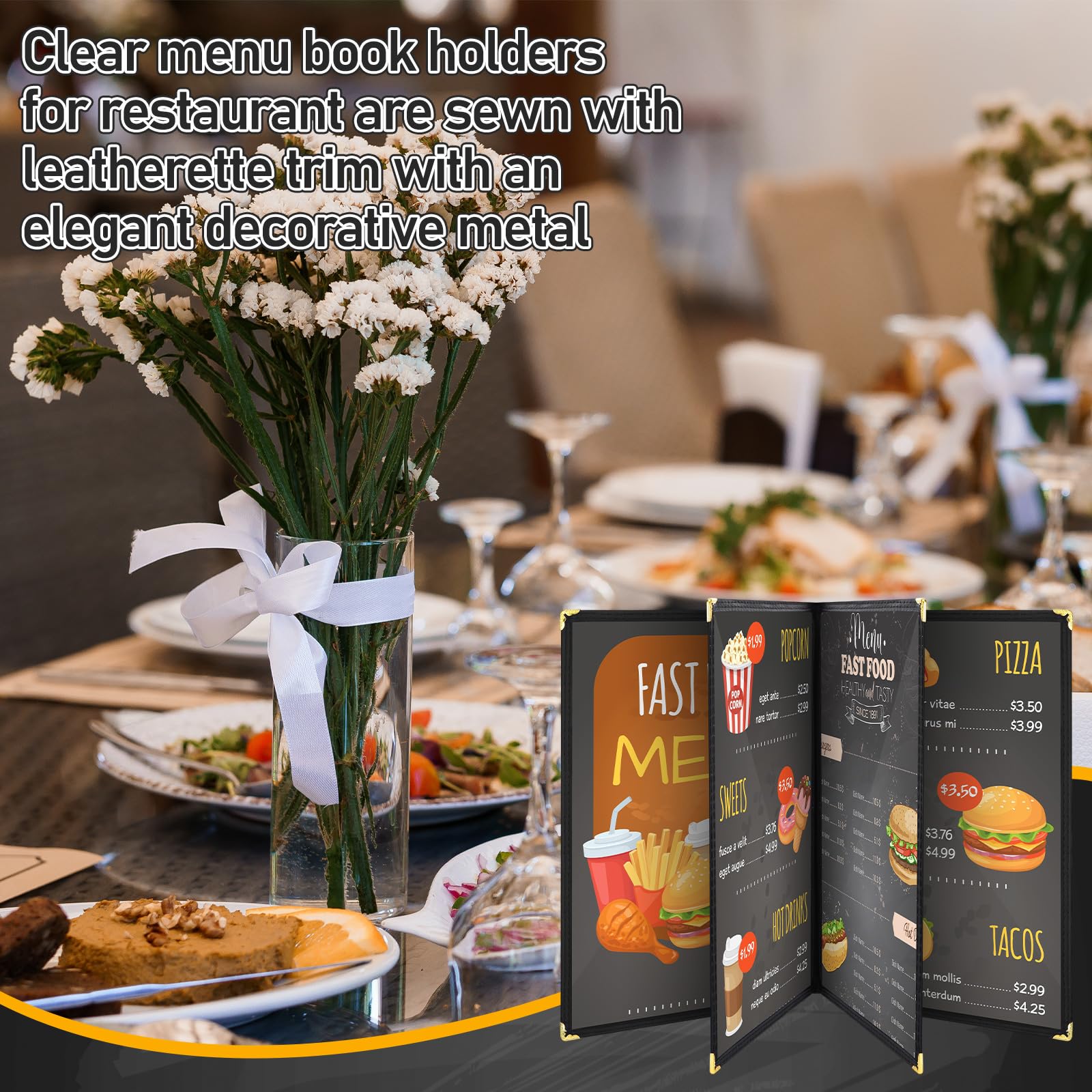 Cinnvoice 24 fundas para menú de restaurante de 8.5 x 11 pulgadas, estilo libro, 4 páginas, 8 vistas, PVC, transparente, soporte para menú, libro para cafetería, bar, hotel, color negro