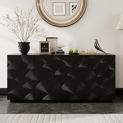 60 Inch Contemporary Sideboard Buffet Table - Black Water Ripple Storage Cabinet, Accent Console for Kitchen Dining Room & Living Room Entryway