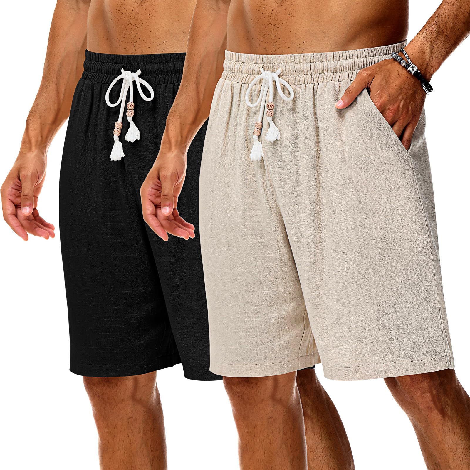 Neer2 Pack Men's Linen Shorts, Casual Lightweight Drawstring Shorts Summer Beach Elastic Waist Short Pants with Pockets