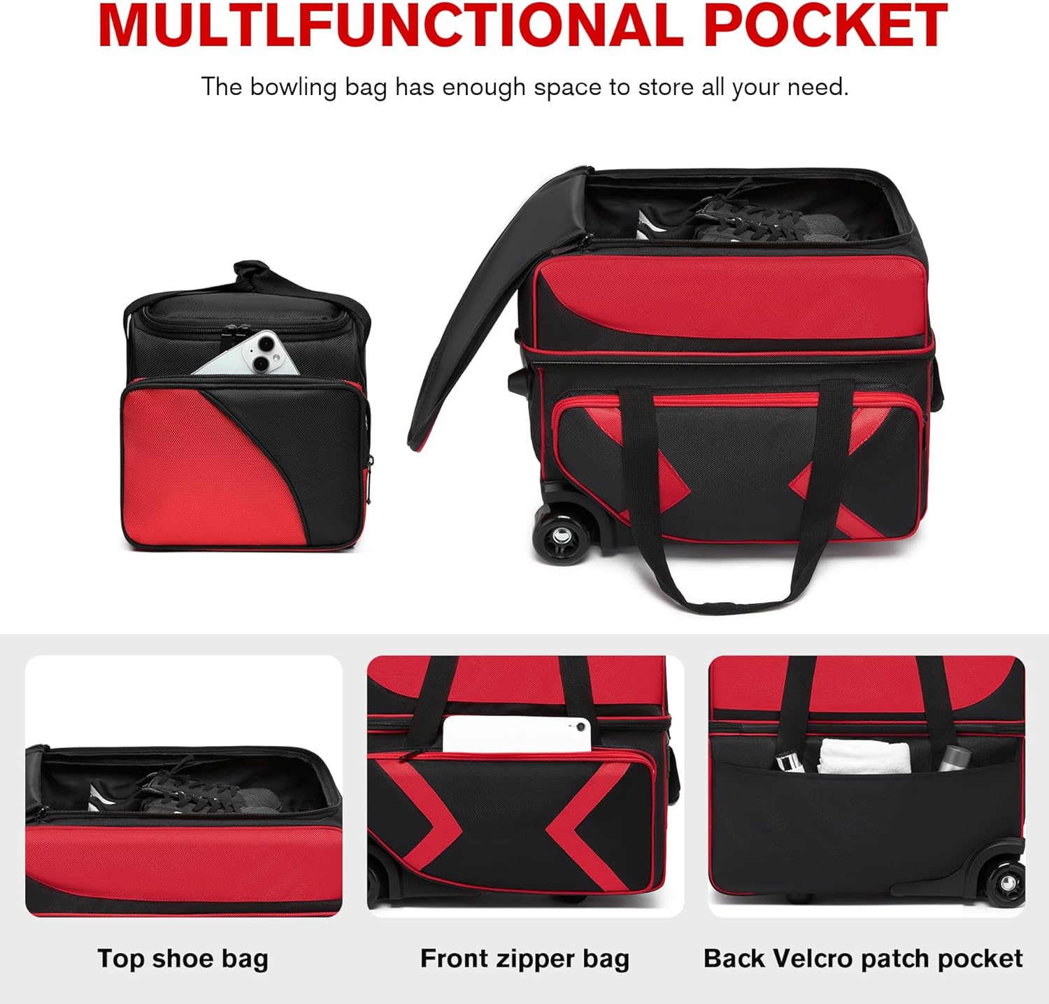 3 Ball Bowling Bags with Wheels and Shoes Compartment, Roller with Multipocket, 2 Ball Bowling Roller Bag + 1 Ball Color Matching Add On Tote (Red-Black)